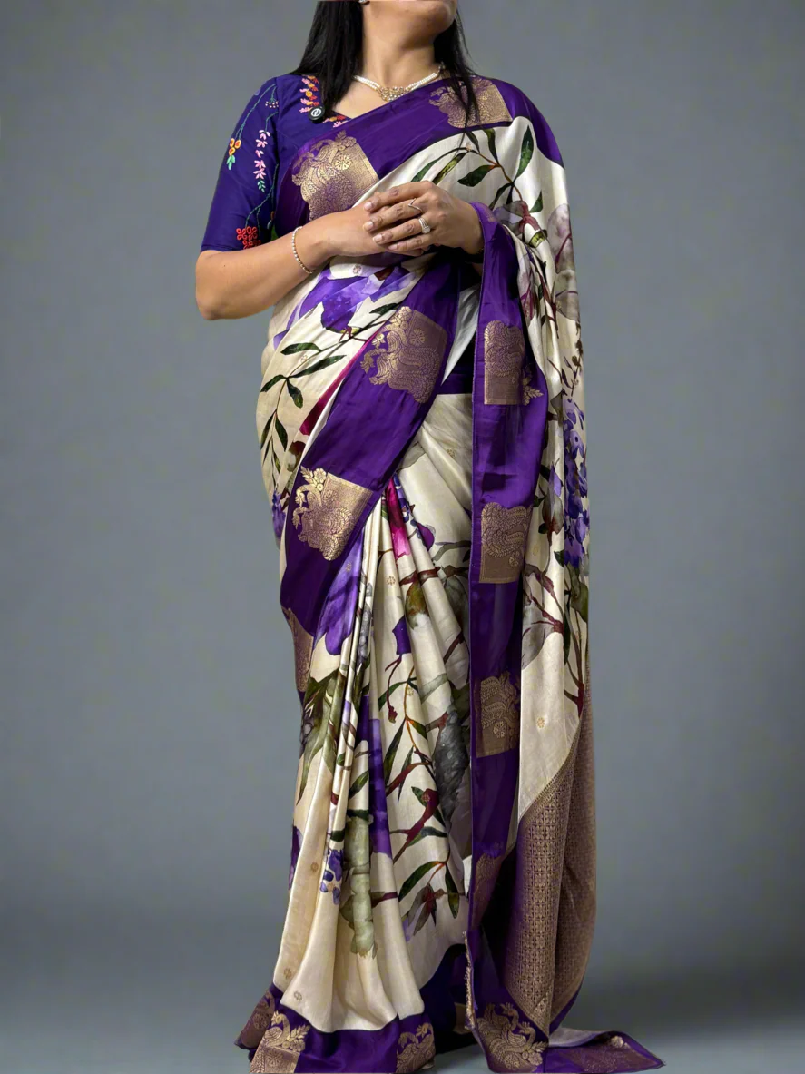 Elegant Cream Satin Digital Print Saree with Rich Purple Border – Premium Party & Festive Wear ,satin digital print-09 - Image 4