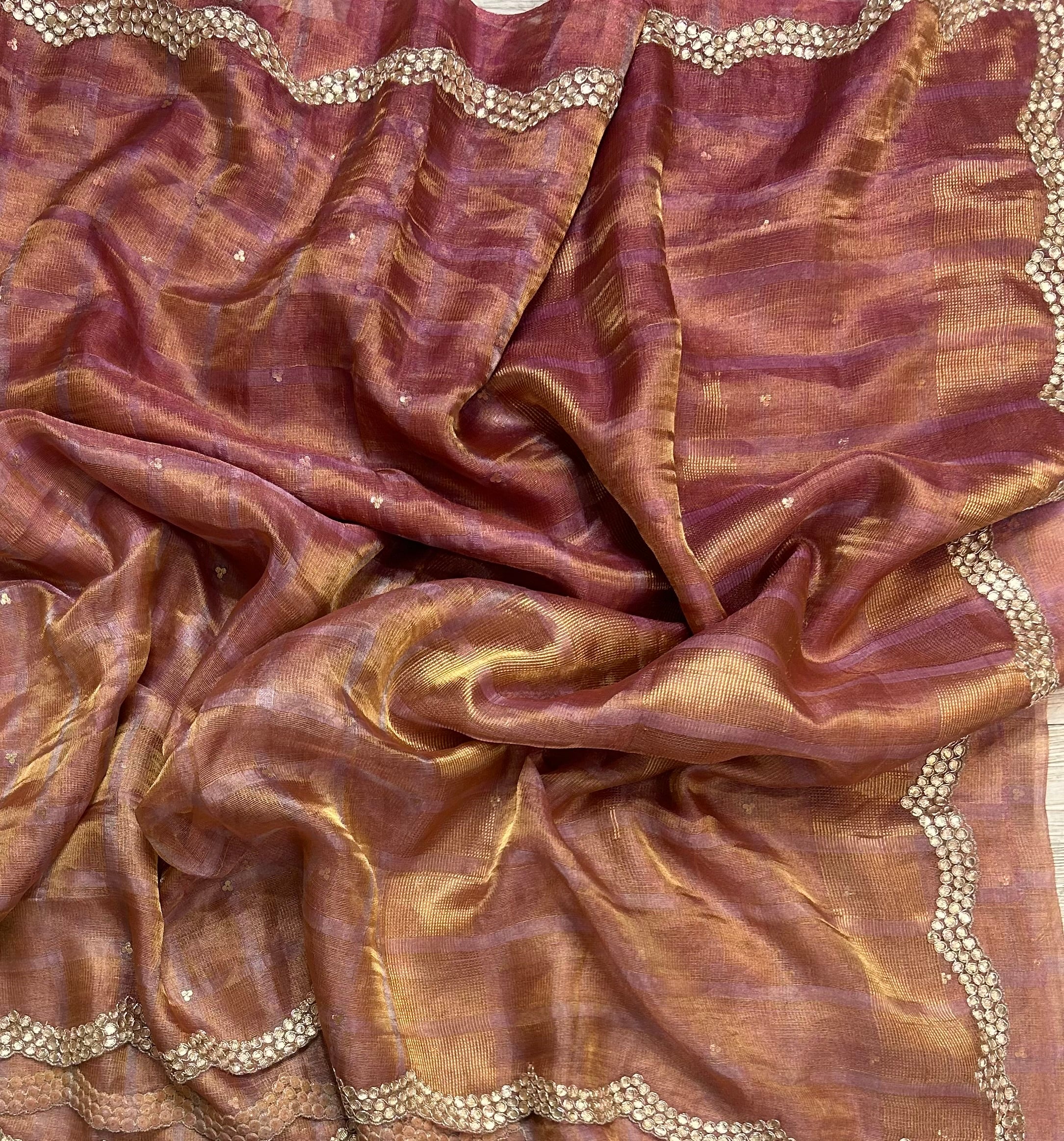 2D checks pure Kora tissue 104 with velvet embroidery work blouse piece saree - Image 2