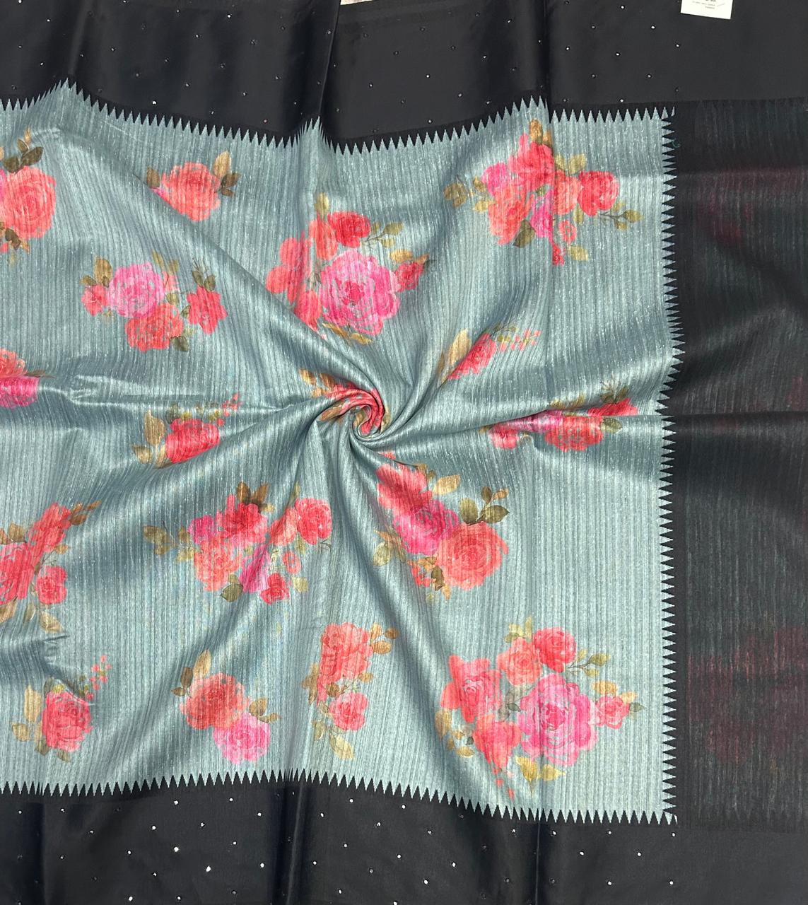 Aqua blue n black digital print tussar 103 saree - Image 4