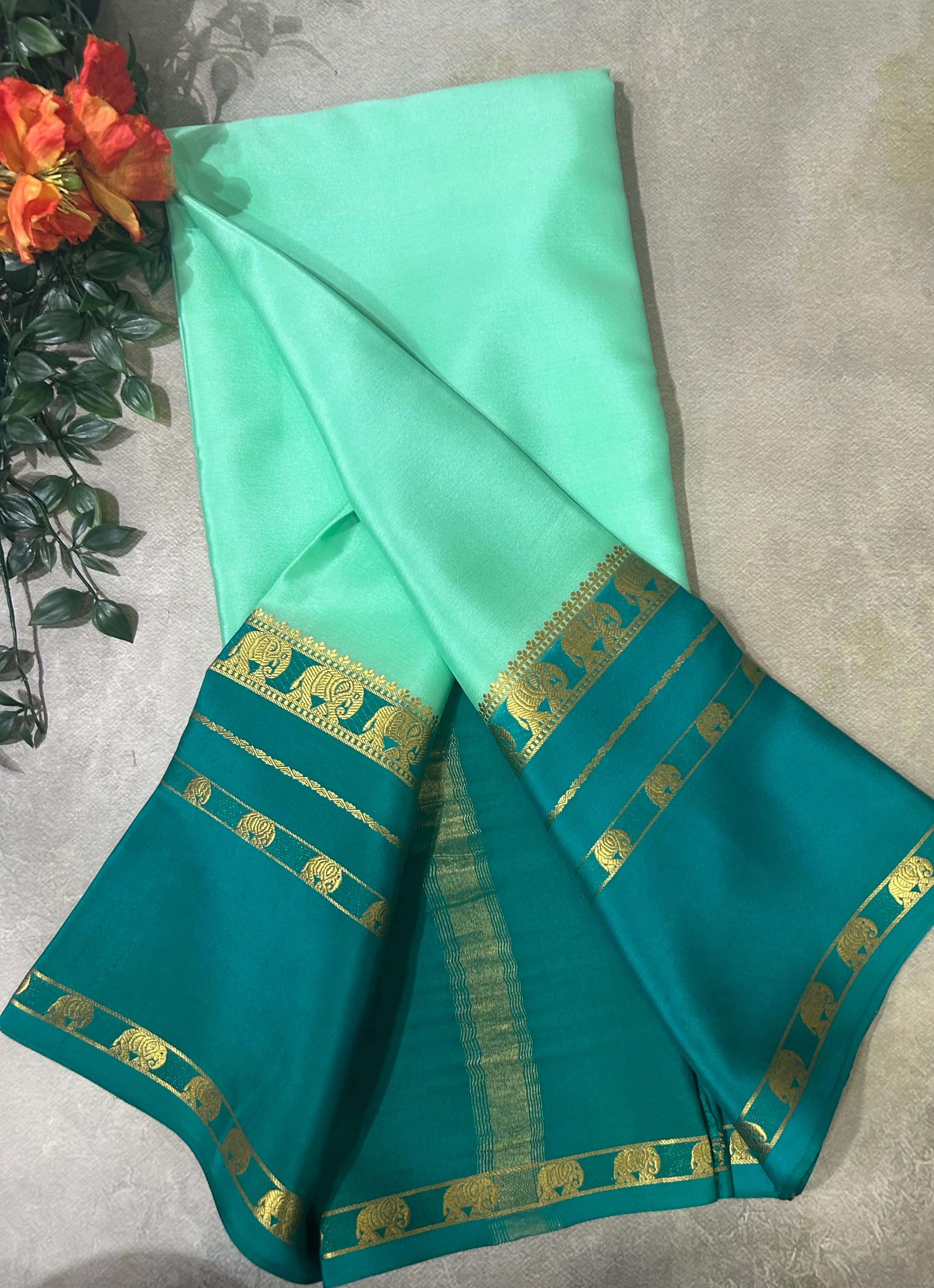 Aqua green bentex border pure Mysore silk 104 saree - Image 2