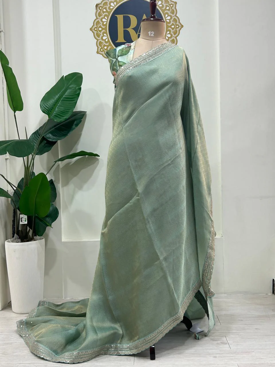 Aqua green brocade tissue scallop border party wear - Image 2