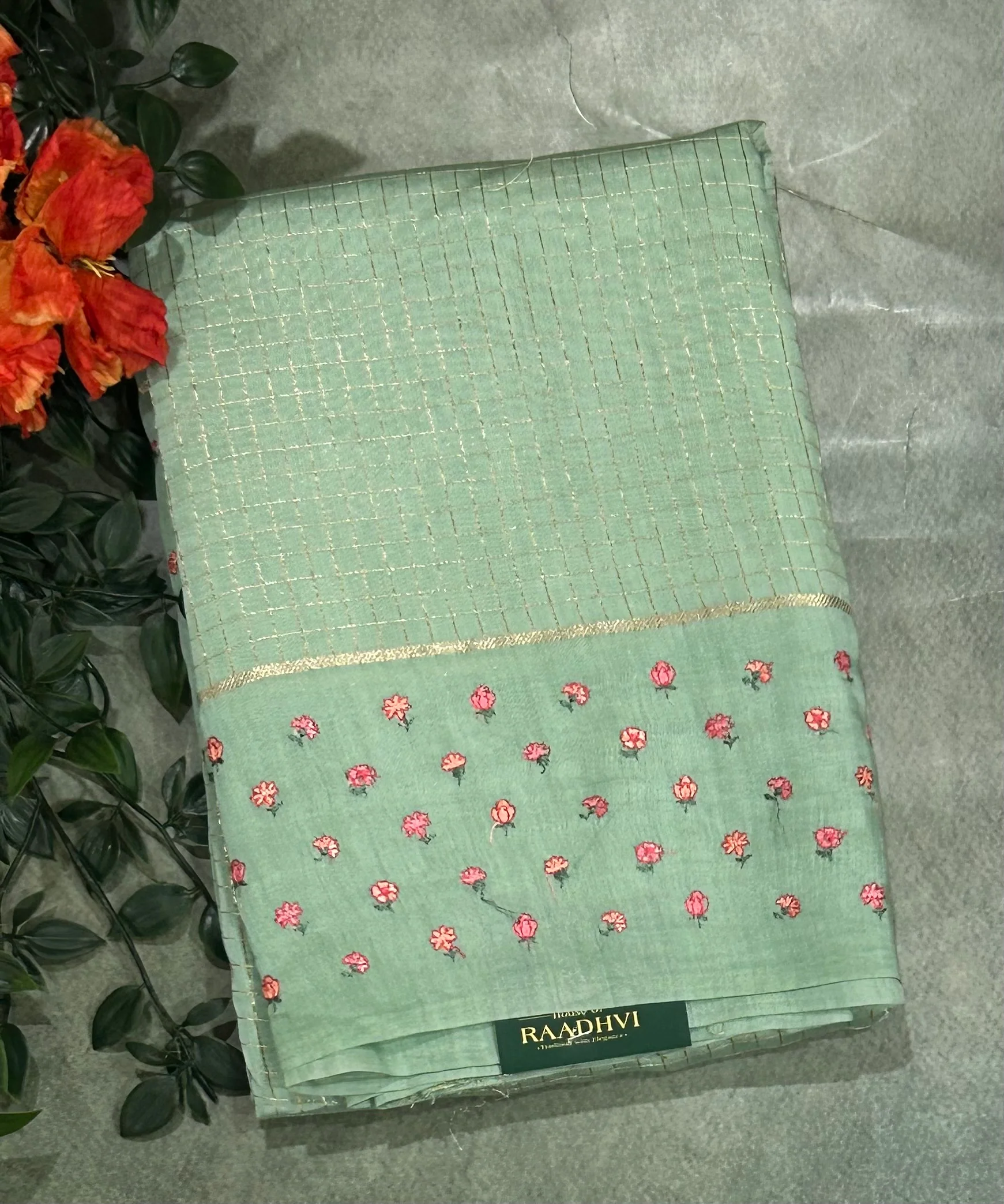 Aqua green checks embrodiery butta border soft tussar crepe 104 saree