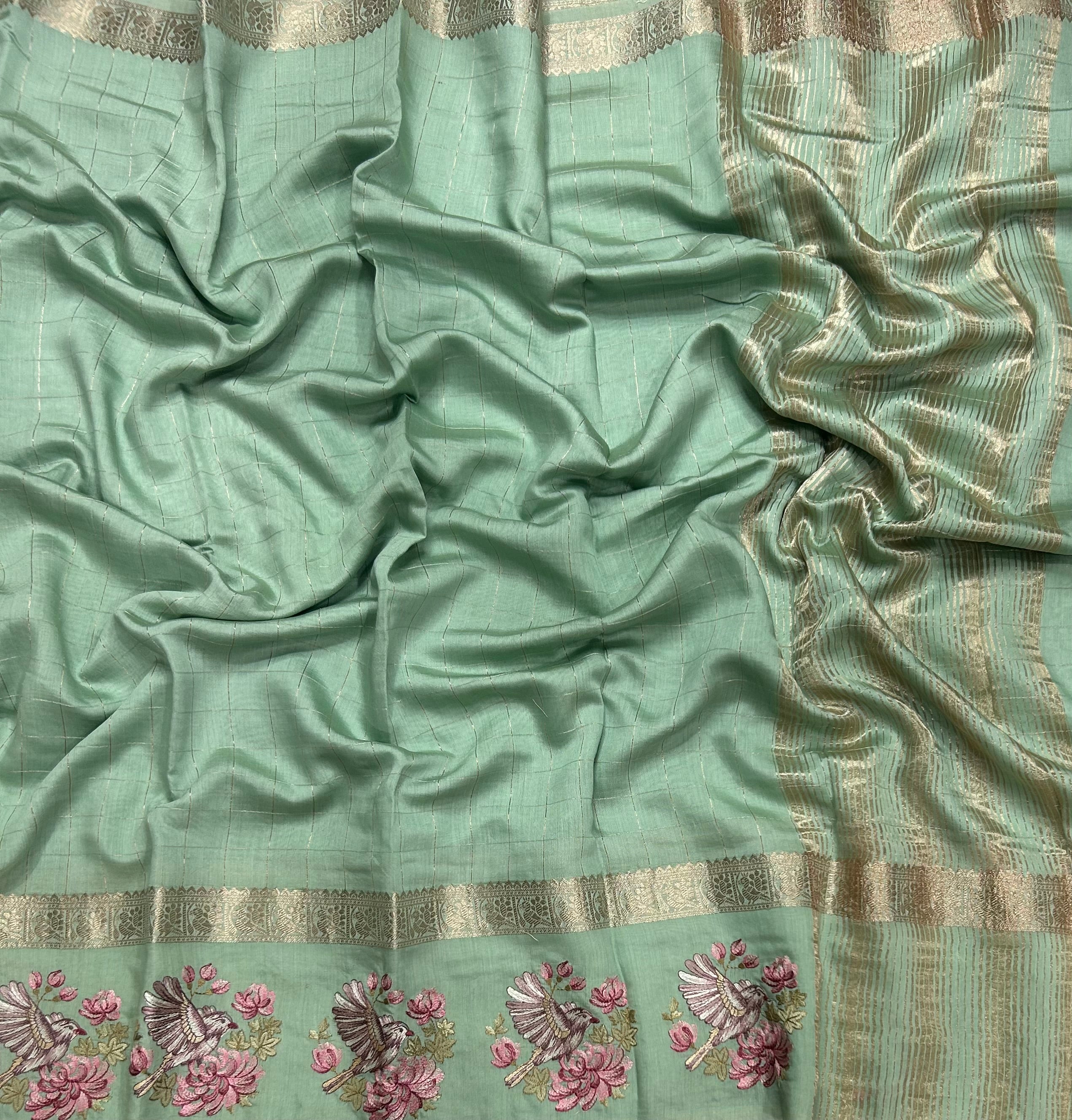 Aqua green checks embrodiery soft tussar crepe 104 saree - Image 2