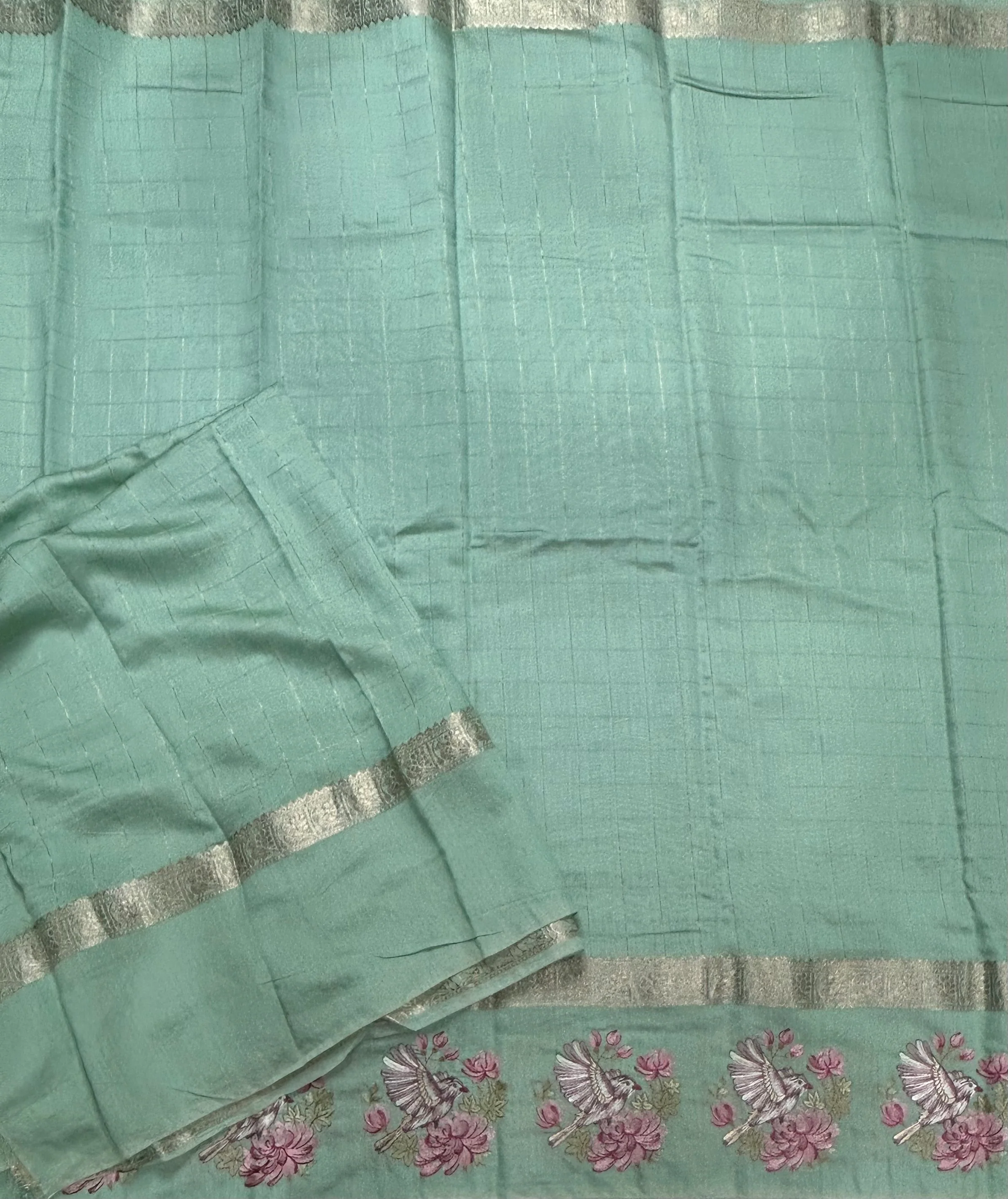 Aqua green checks embrodiery soft tussar crepe 104 saree - Image 3