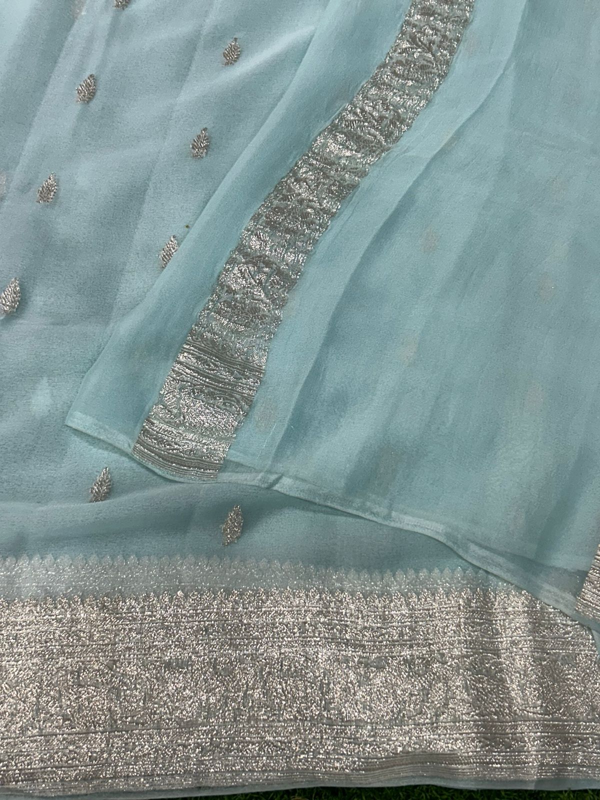 Sky blue benaras pure khadi chiffon saree - Image 3