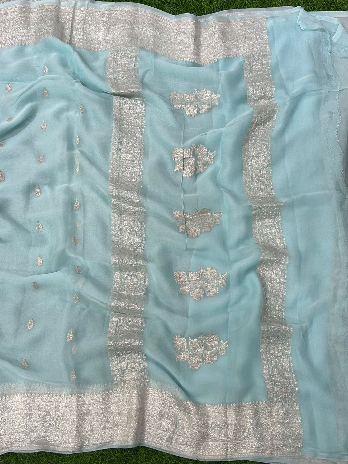 Sky blue benaras pure khadi chiffon saree - Image 4