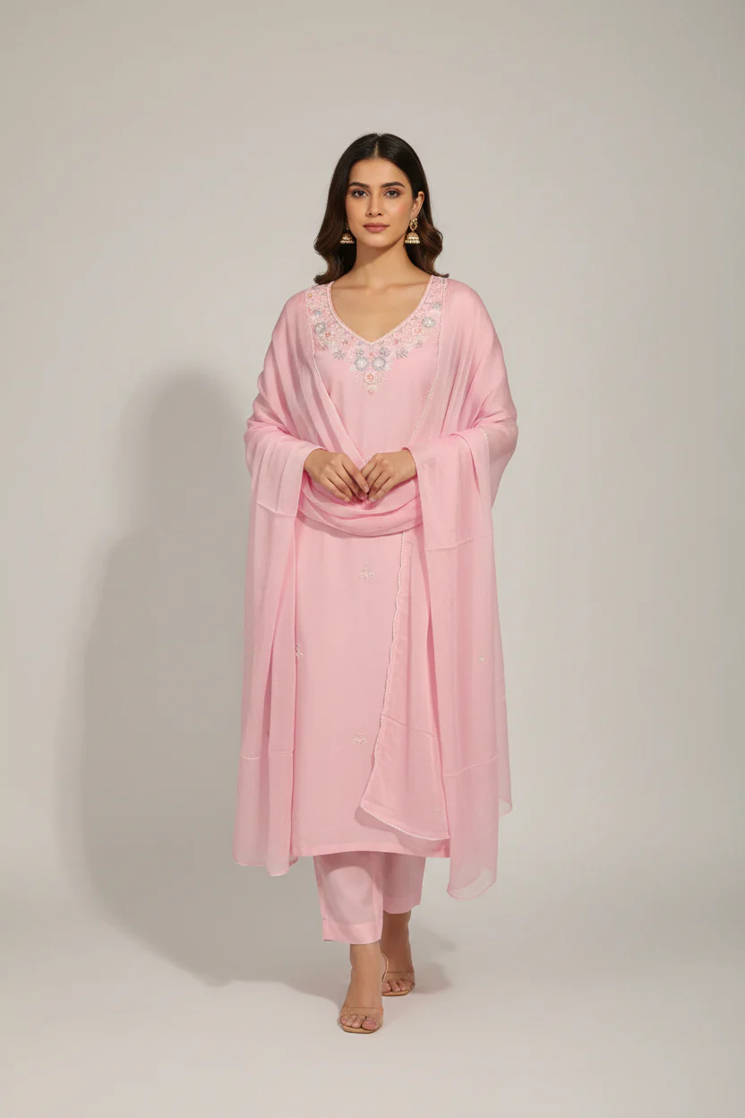 Baby Pink  Dola silk Kurtha with banarasi Dupatta