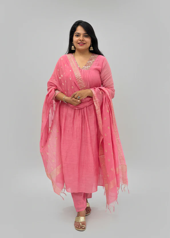 Baby Pink Mul Chanderi Hand Embroidery Airline Kurtha 324 - Image 2