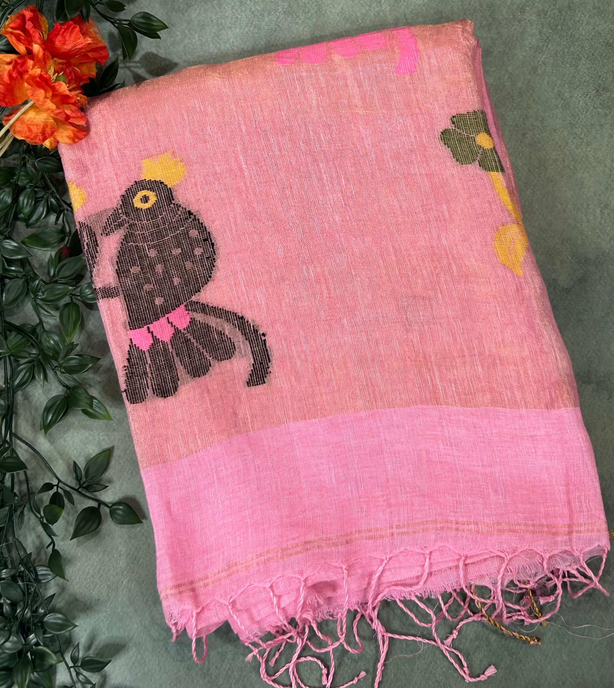 Baby pink pure jamdani linen saree - Image 2