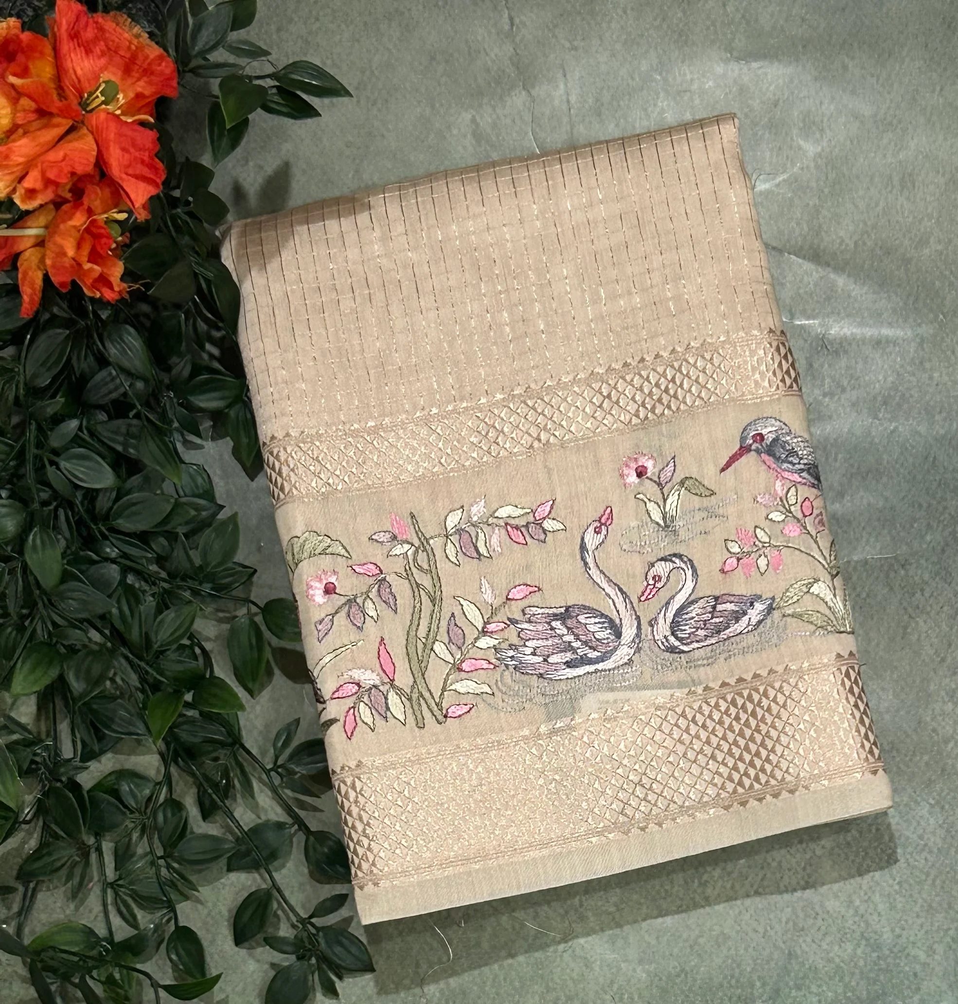 Beige-2 checks embrodiery butta border soft tussar crepe 104 saree