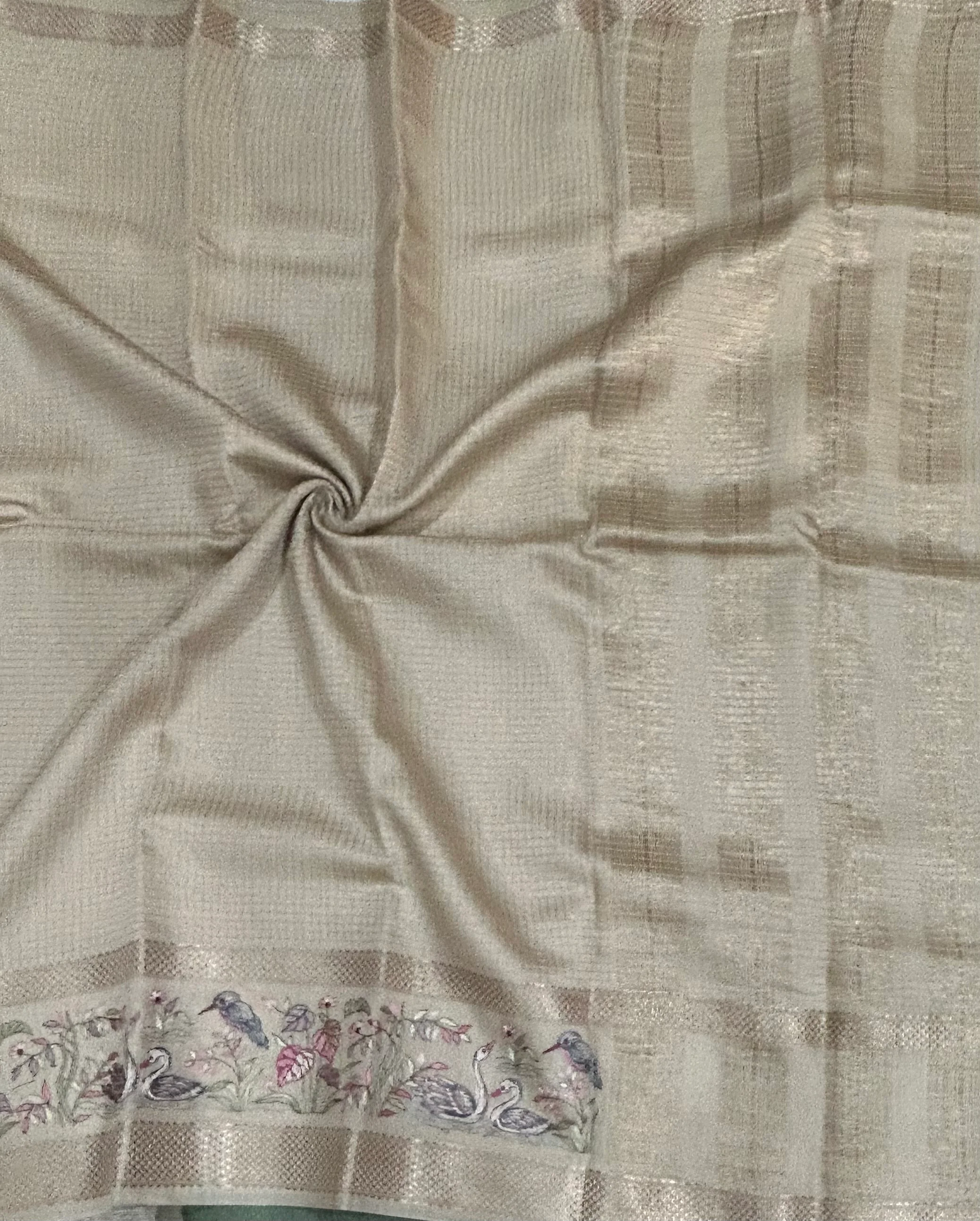 Beige-2 checks embrodiery butta border soft tussar crepe 104 saree - Image 2