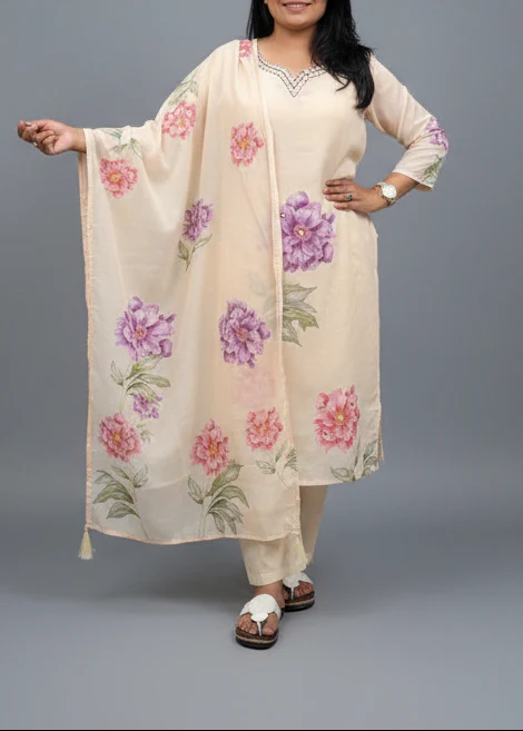 Beige Cotton Hand Embroidery Straight Fit Kurtha 483 - Image 2