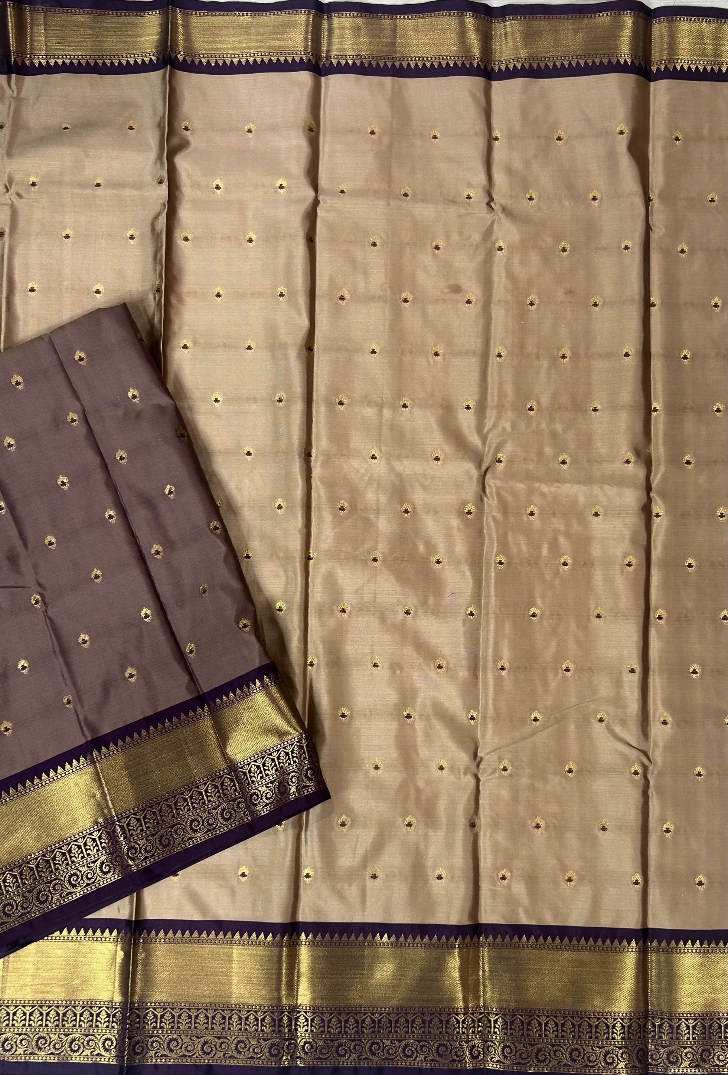 Beige n dark purple small Butta Kanchi-12 saree - Image 6