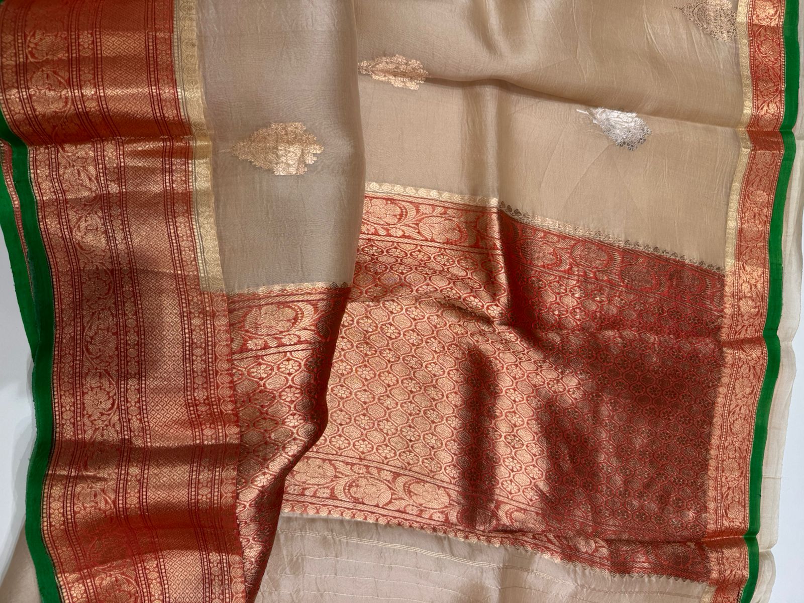 Beige n red pure kora organza silk saree - Image 6