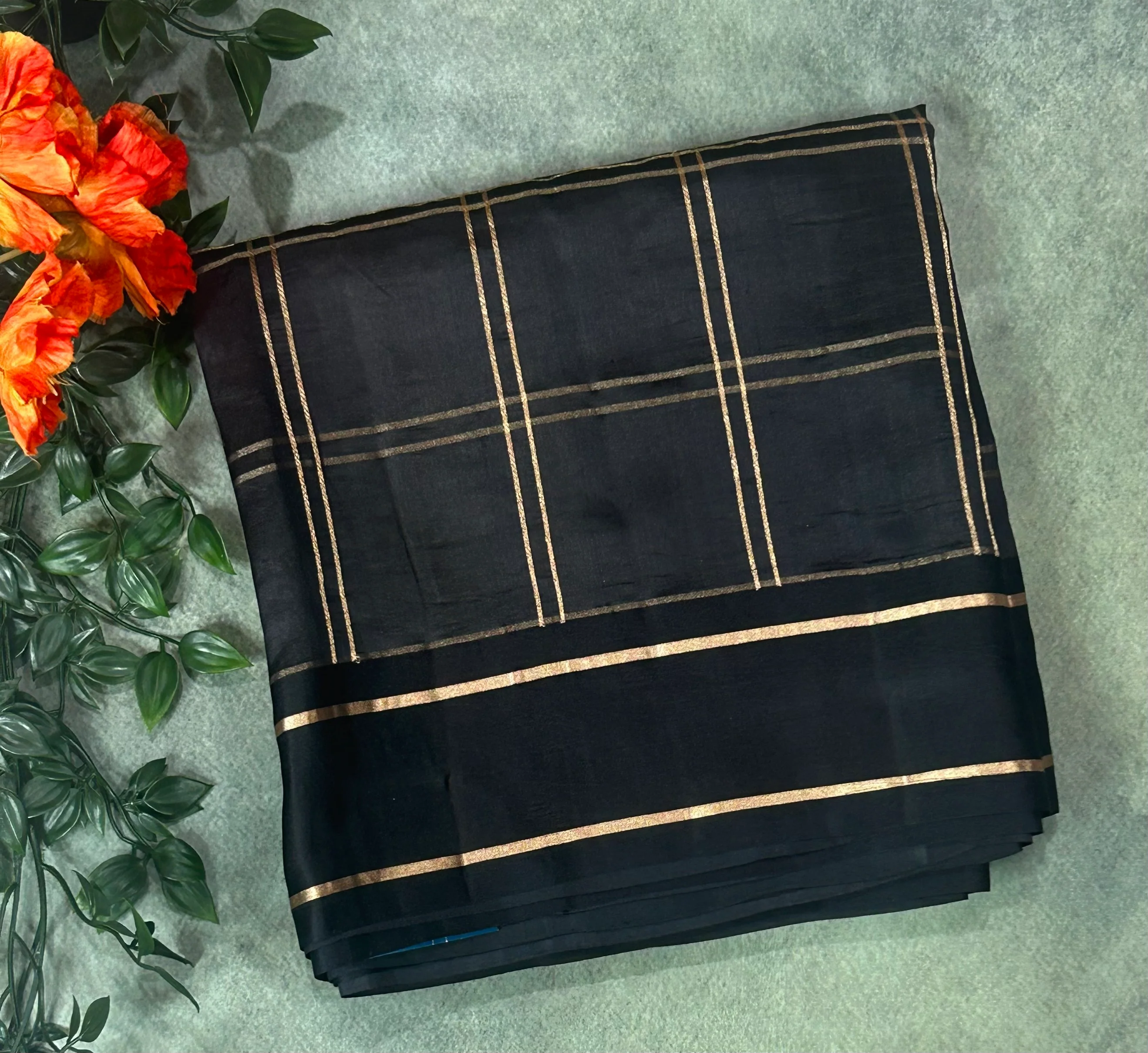 Black checks light weight Kathan -12 saree - Image 2