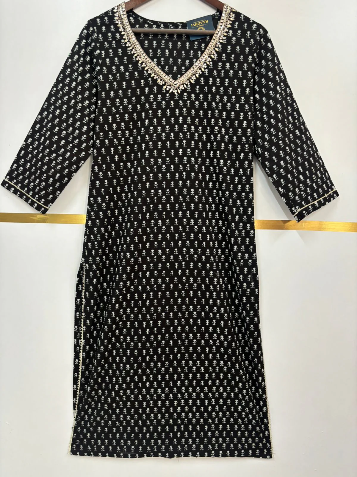 Black Cotton Block Print Straight Fit Kurtha 252 - Image 3