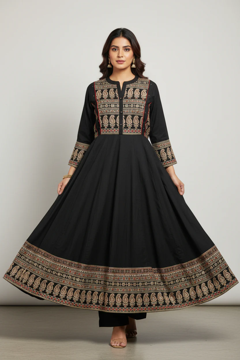 Black Cotton Kalamkari print Anarkali Kurtha 252