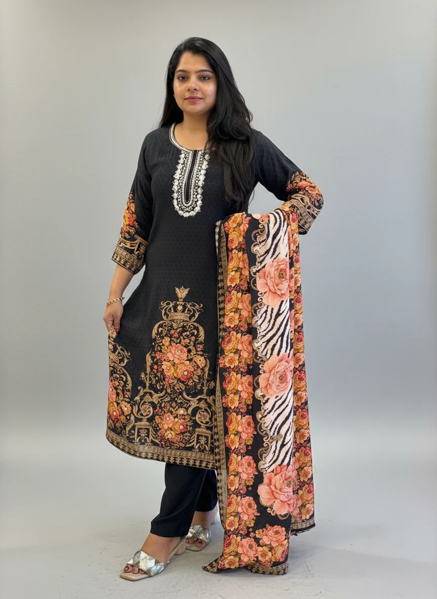 Black Digital Print Handwork Crepe Kurtha 533 - Image 3