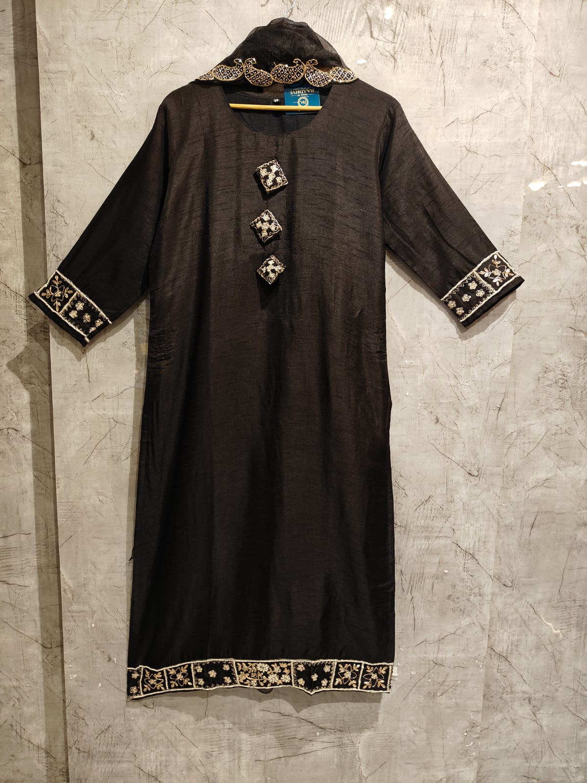 Black Dola Silk Kurtha 66 Hand Embroidery  with Banarasi Dupatta - Image 3