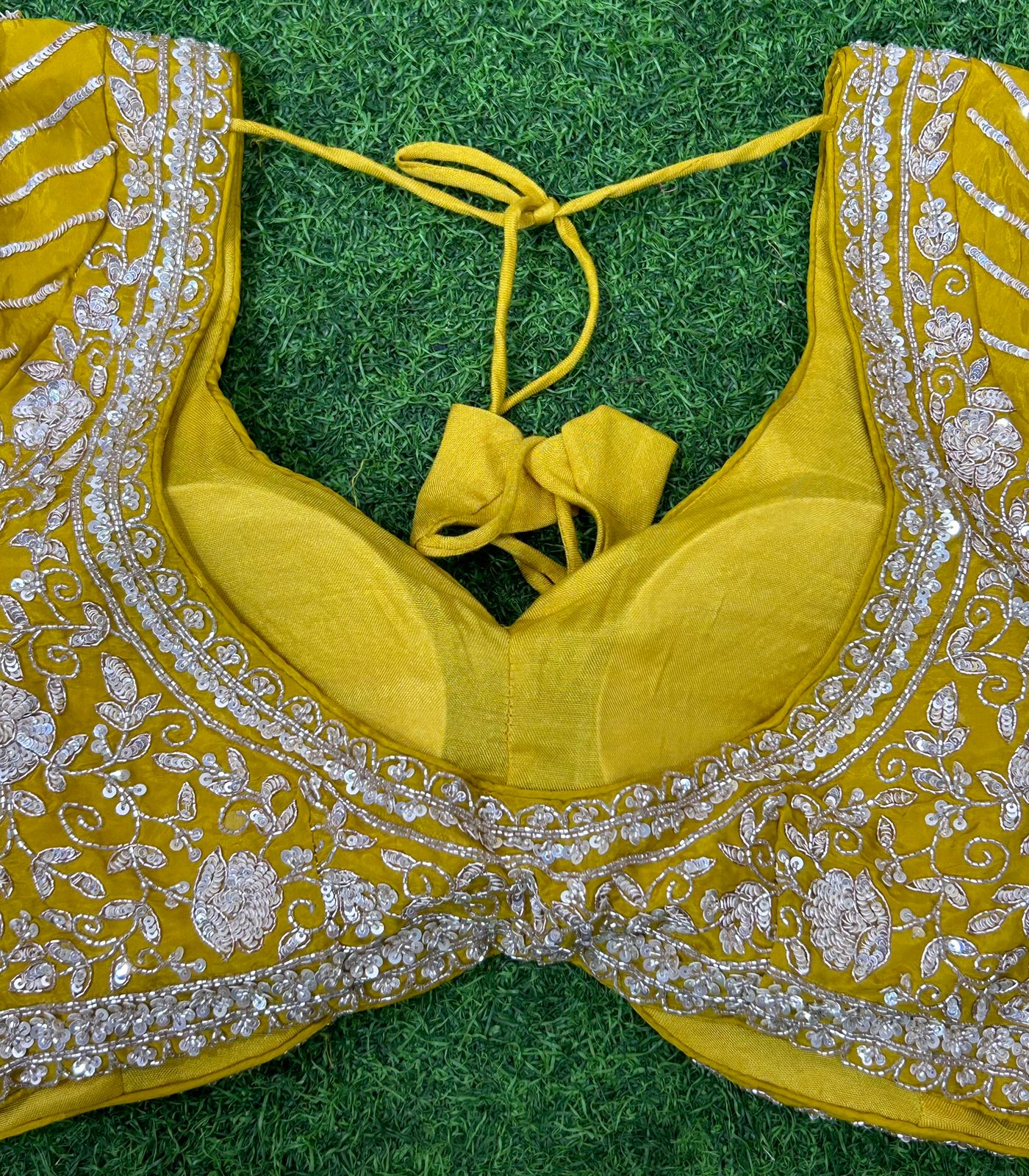 Mustard yellow hand work designer party wear satin silk saree - Image 5