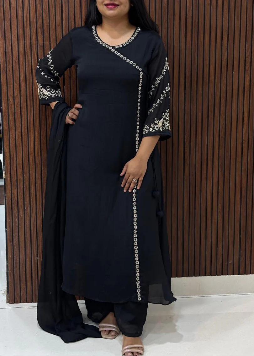 Black Chinnon Thread Embroidery Airline Kurtha - Image 2