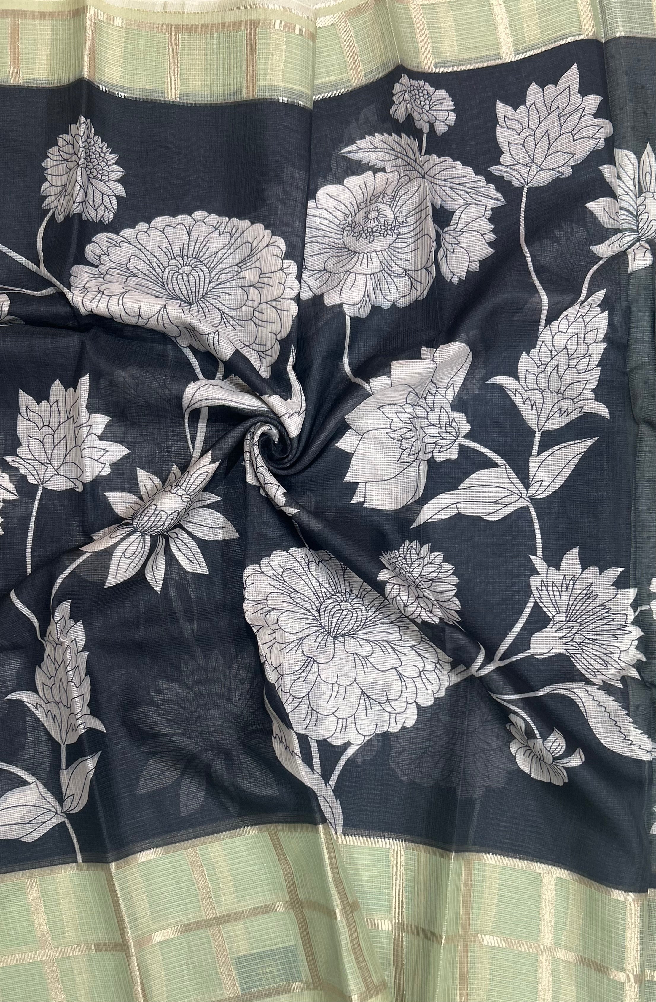 Black n pastel green Kota checks 103 saree - Image 3