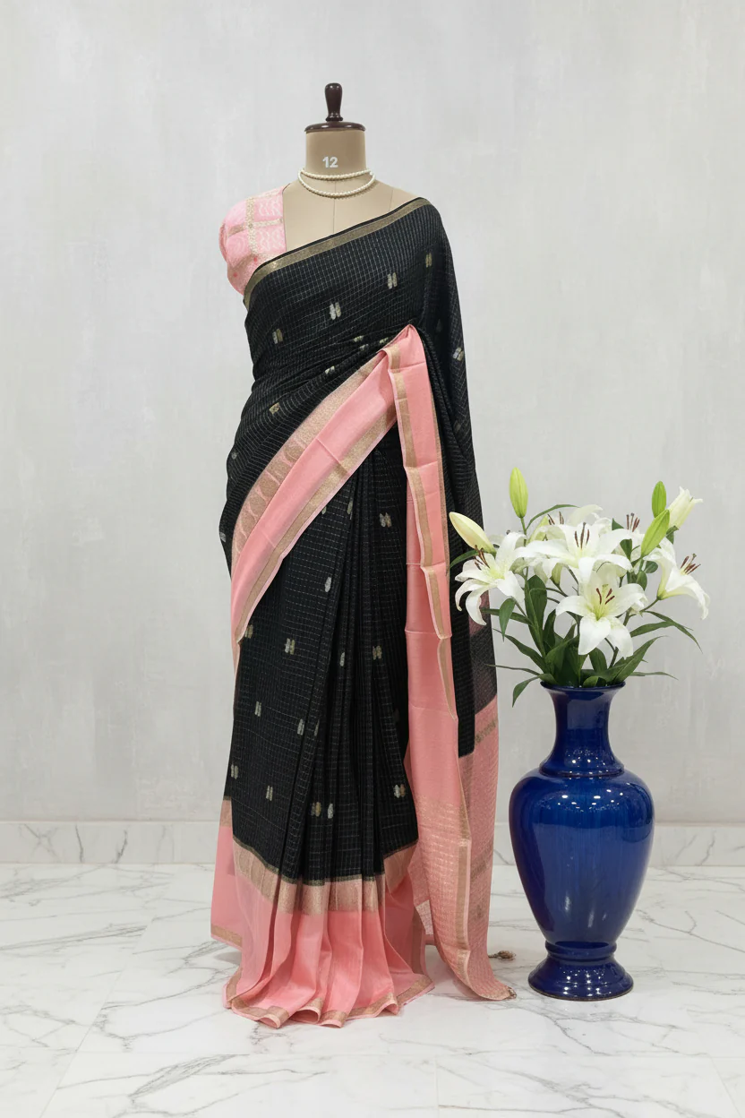 Black n peach 101 crush crepe saree