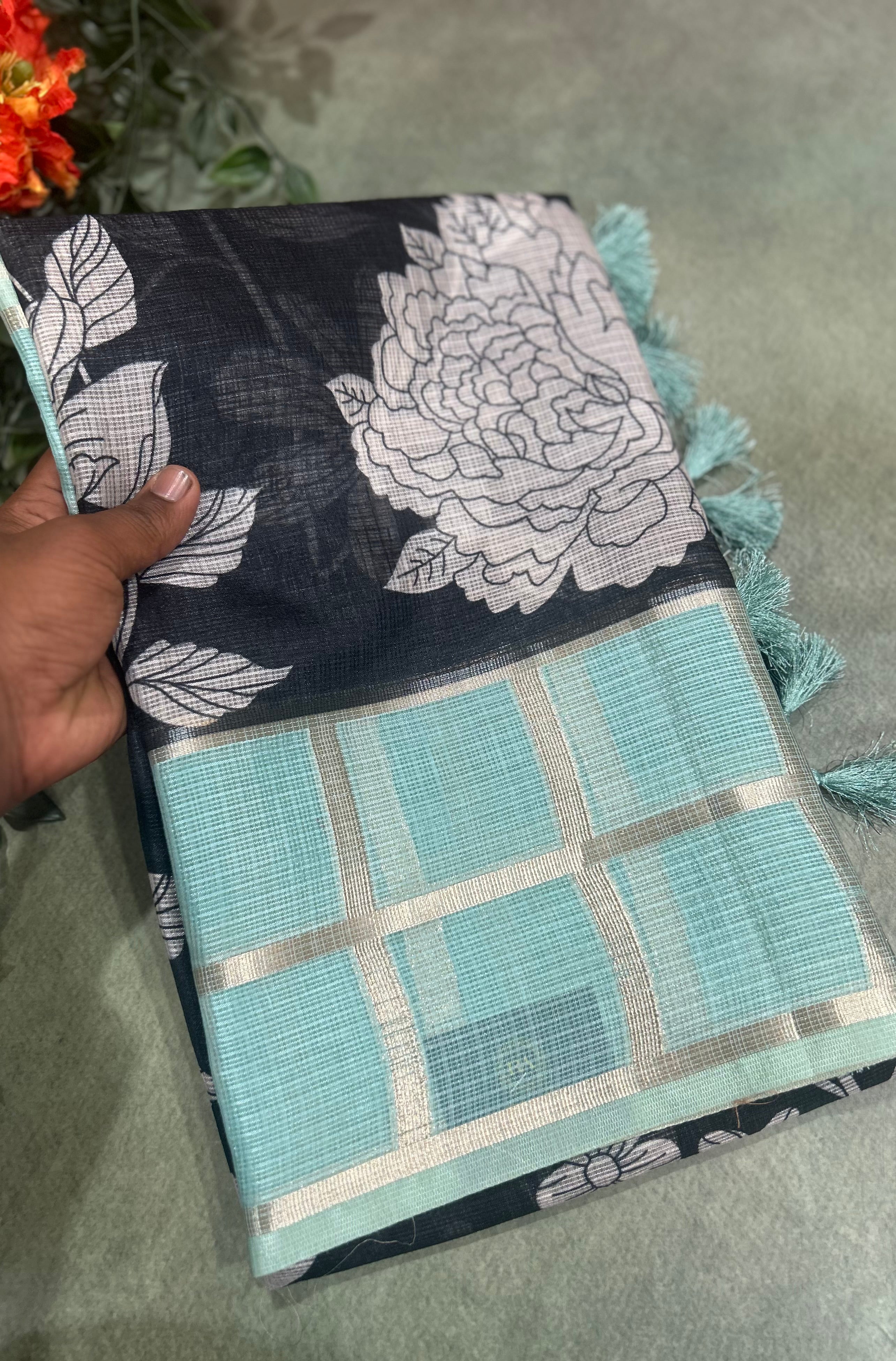 Black n aqua green Kota checks 103 saree - Image 2