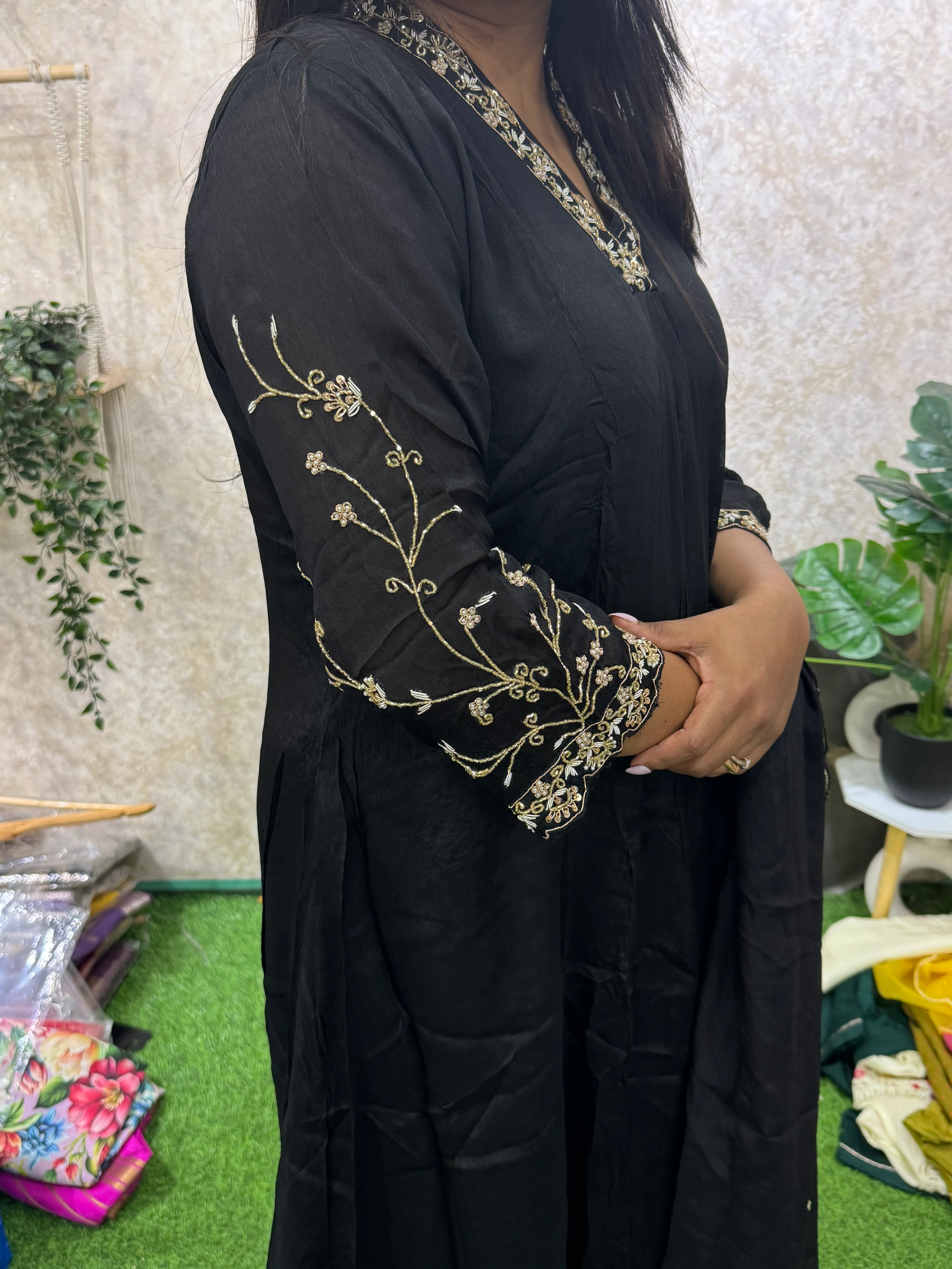Black chinnon 11 Airline  handwork Kurtha - Image 3
