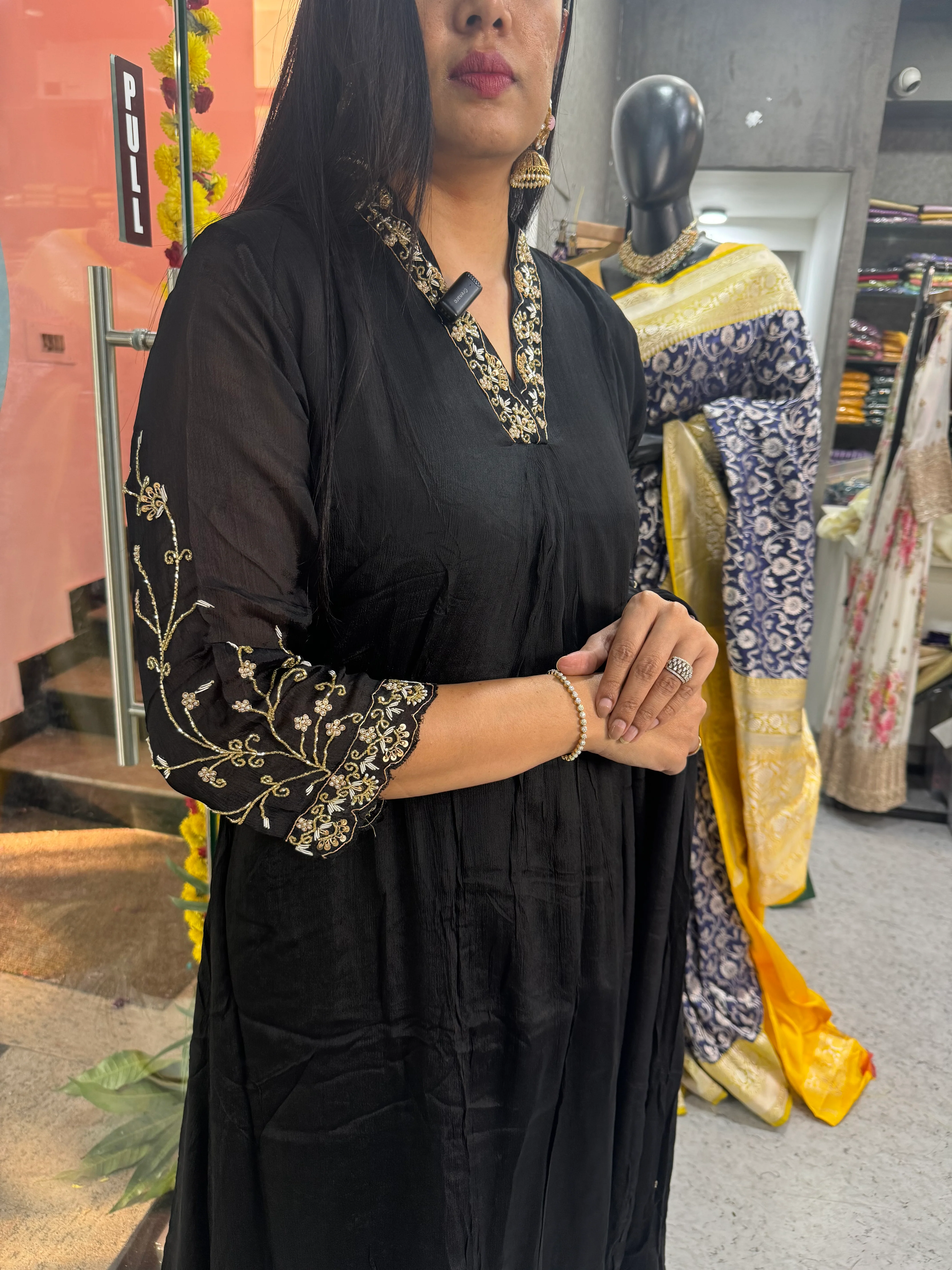 Black chinnon 11 Airline  handwork Kurtha - Image 5