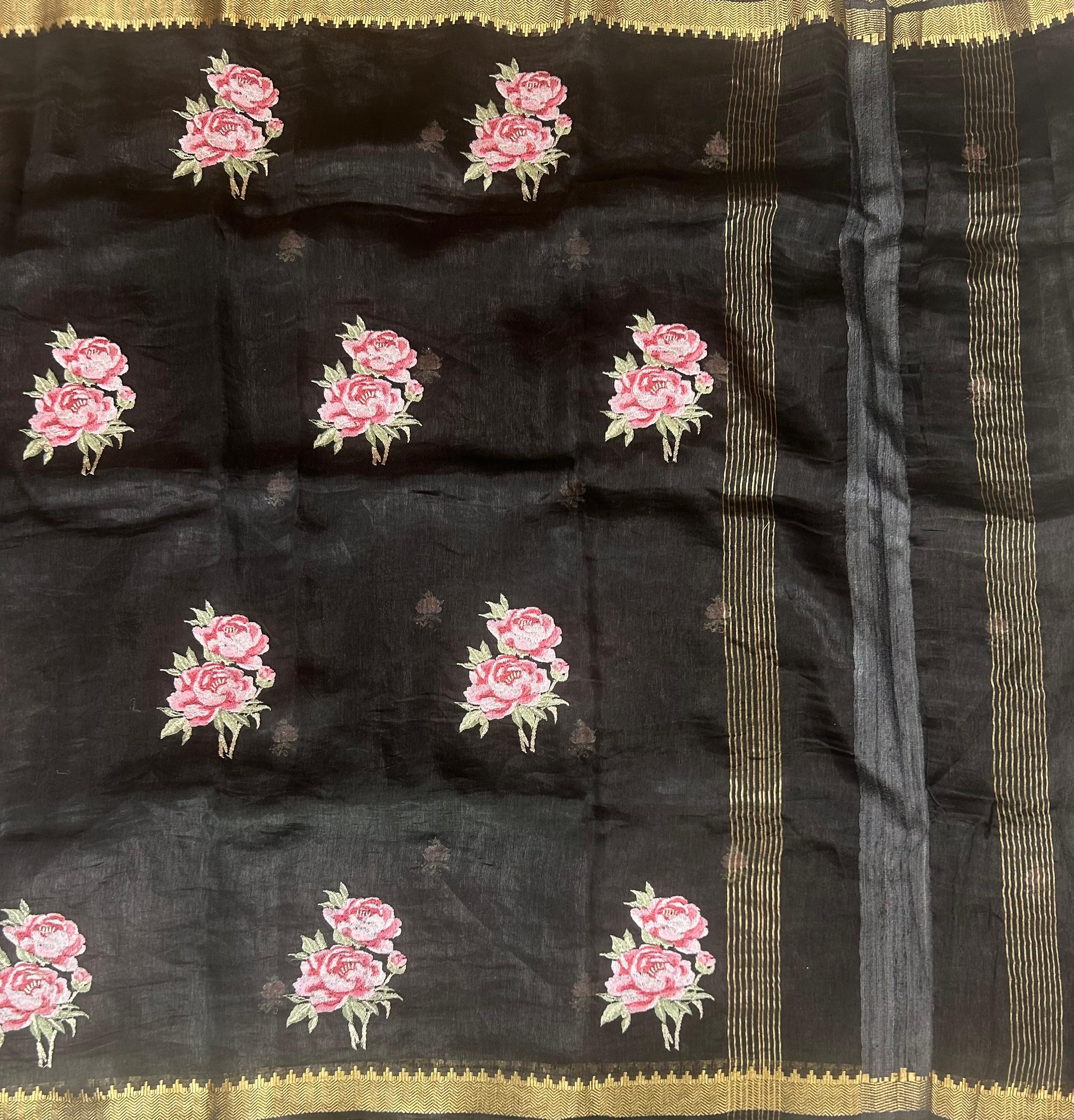 Black pure linen tussar-101 saree - Image 3