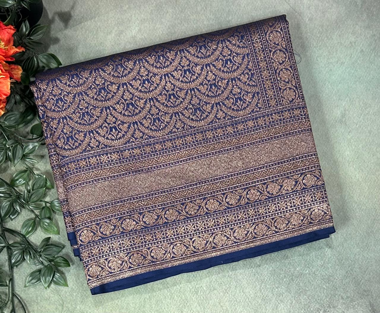 Blue brocade dupion semi banarasi-12 saree