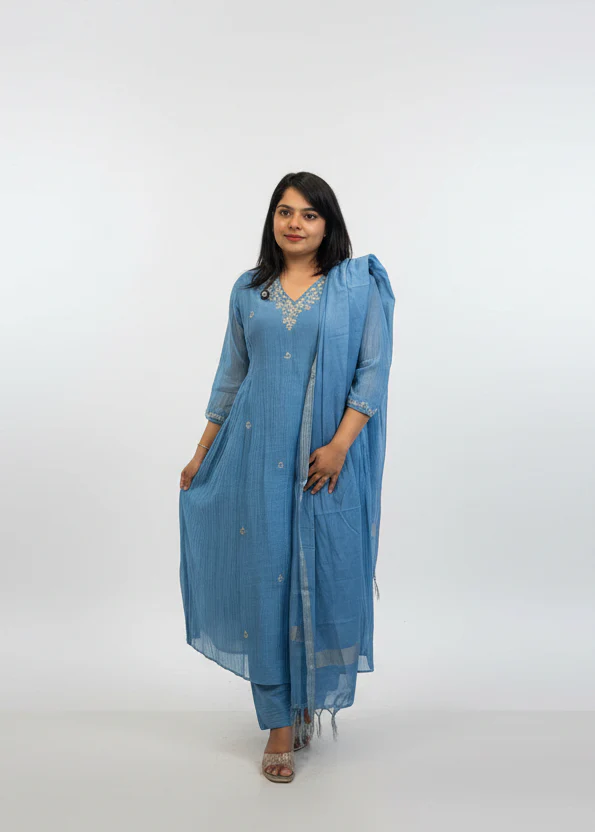 Blue  Mul Chanderi Anarkali Handwork Kurtha 127 - Image 3