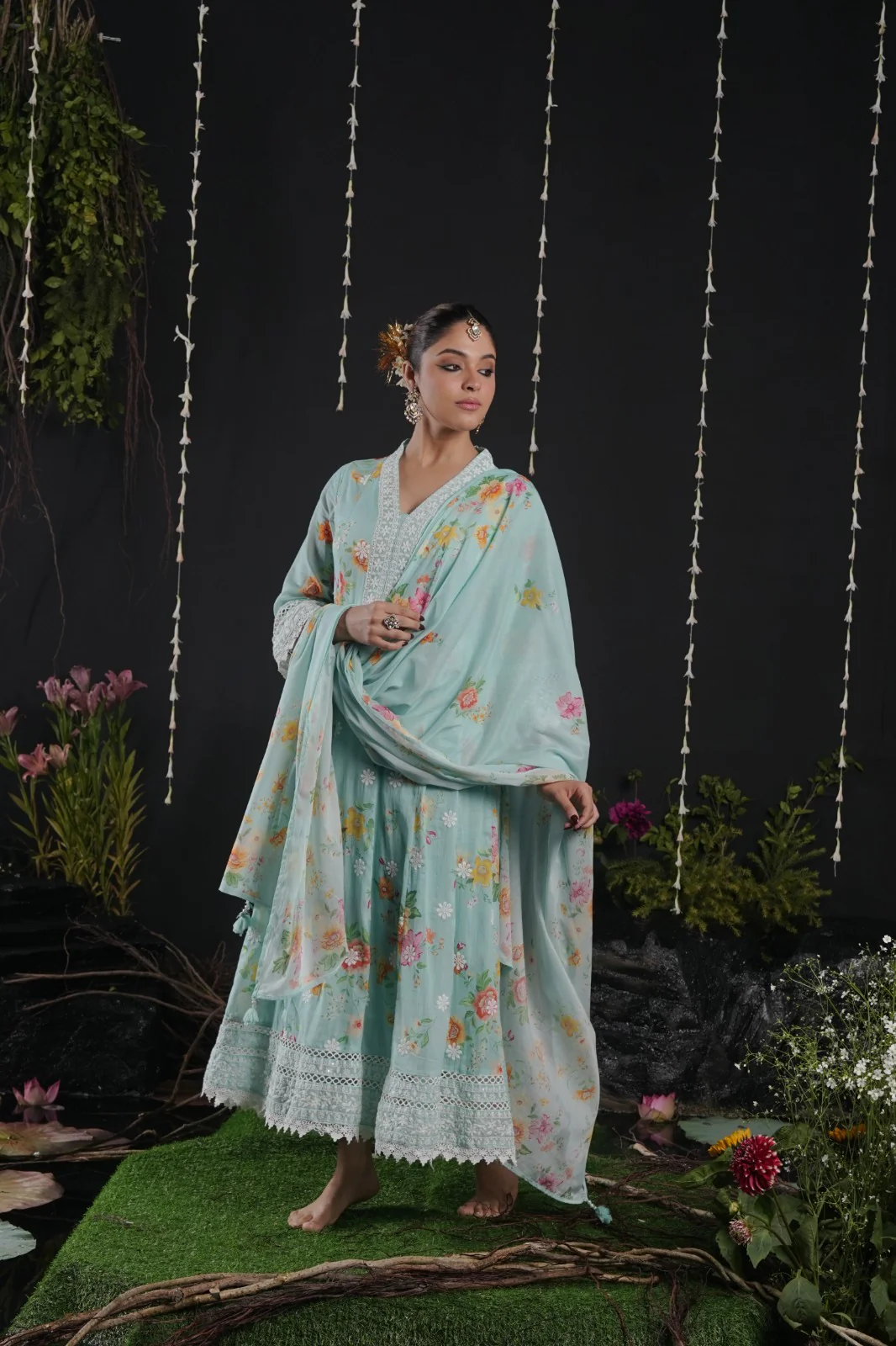 Blue Cotton Thread Work Anarkali Kurtha 742