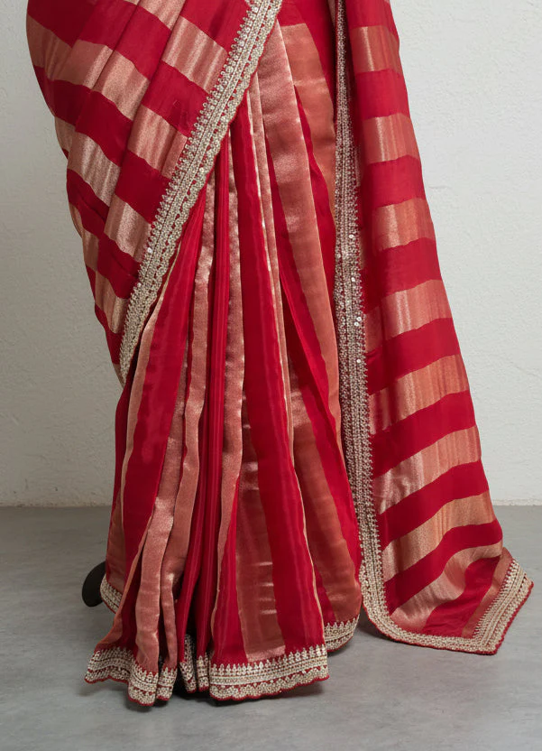 Red sabyasachi inspired party wear 104 scallop border saree - Image 3