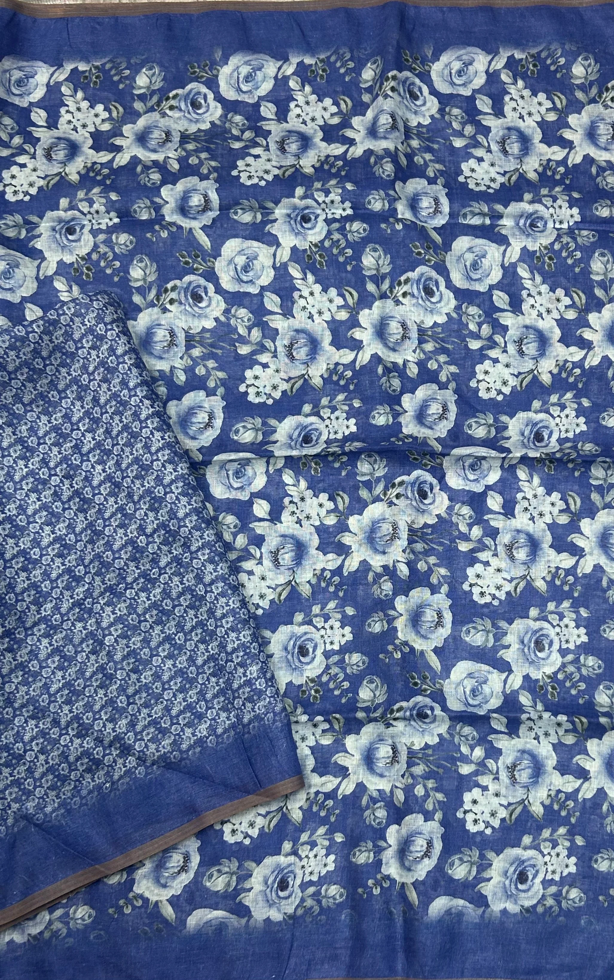 Blue digital print linen 103 saree - Image 3