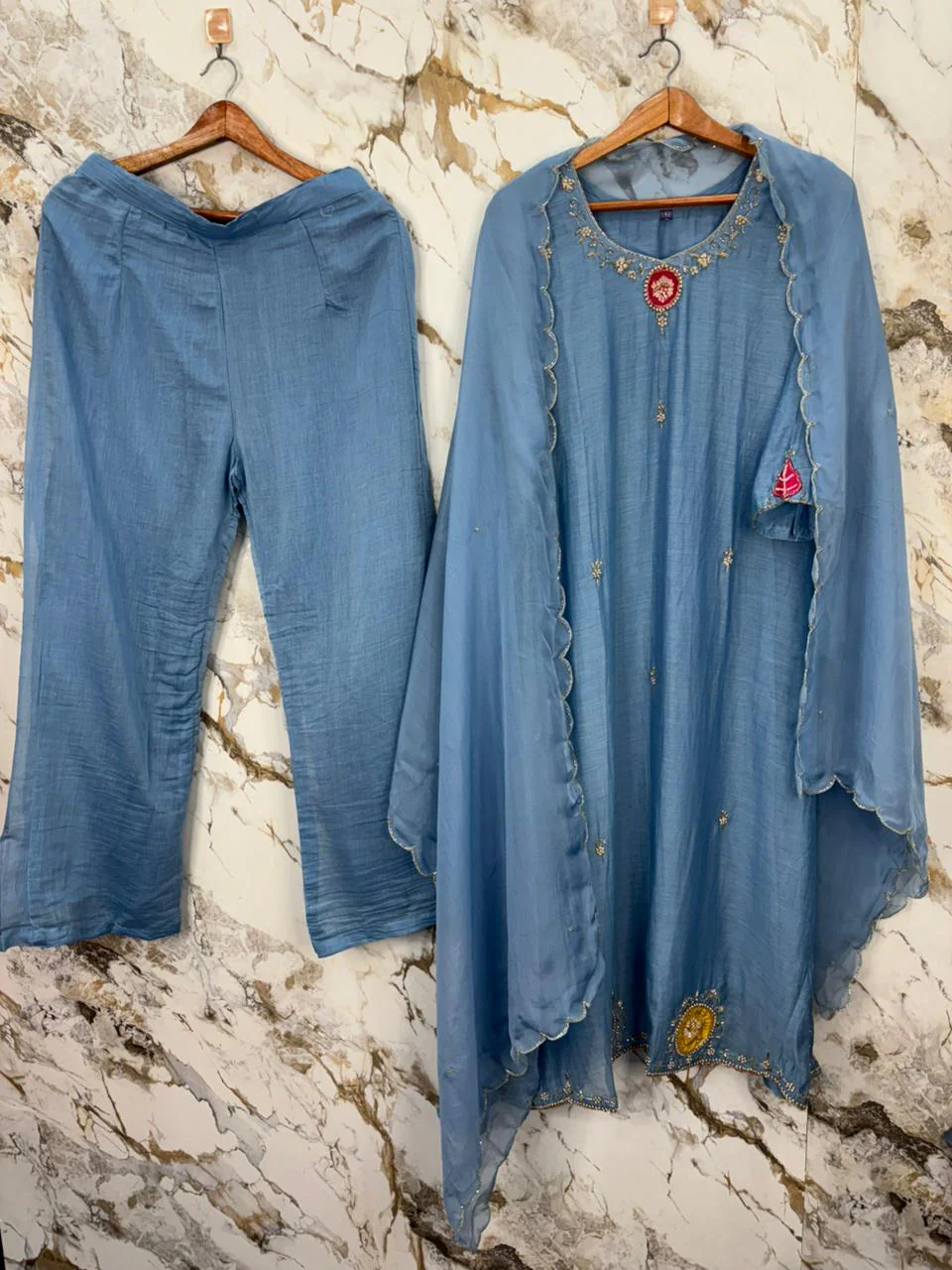 Blue Mul Chanderi Airline Handwork Kurtha 63 - Image 3