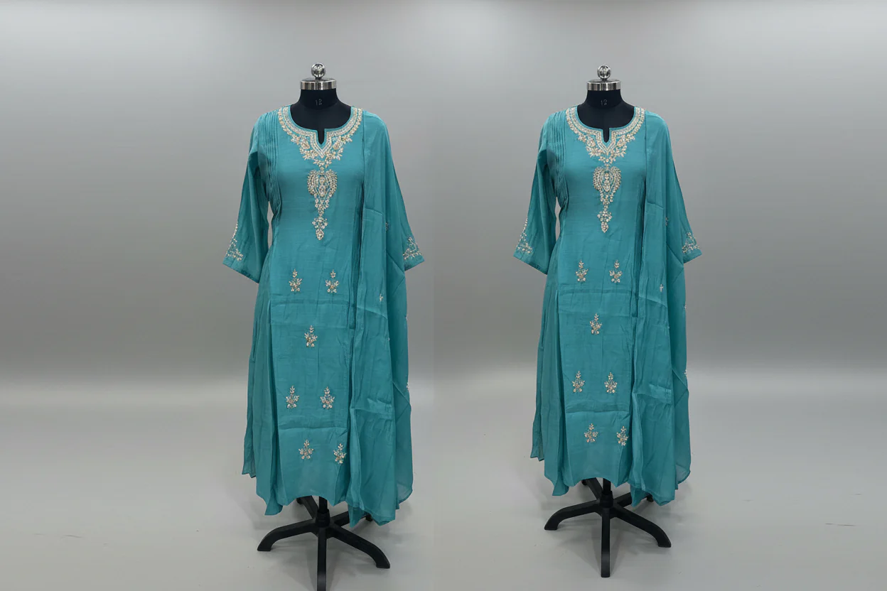 Blue Mul Chanderi Hand Embroidery Anarkali Kurtha 588 - Image 2