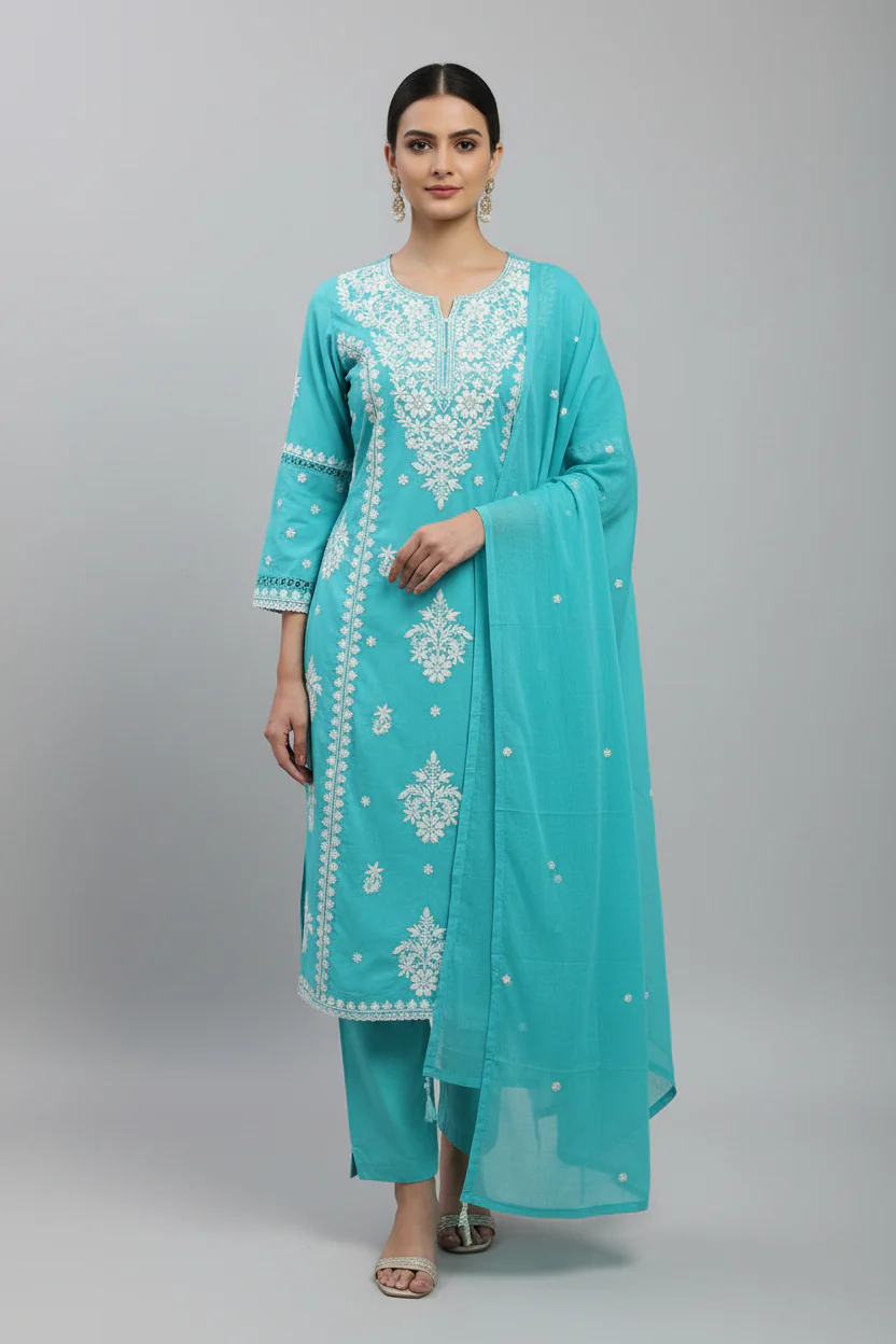 Blue Mul Cotton  Chikankari Work Straight Fit Kurtha 196