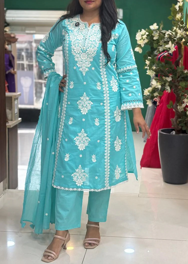 Blue Mul Cotton  Chikankari Work Straight Fit Kurtha 196 - Image 5