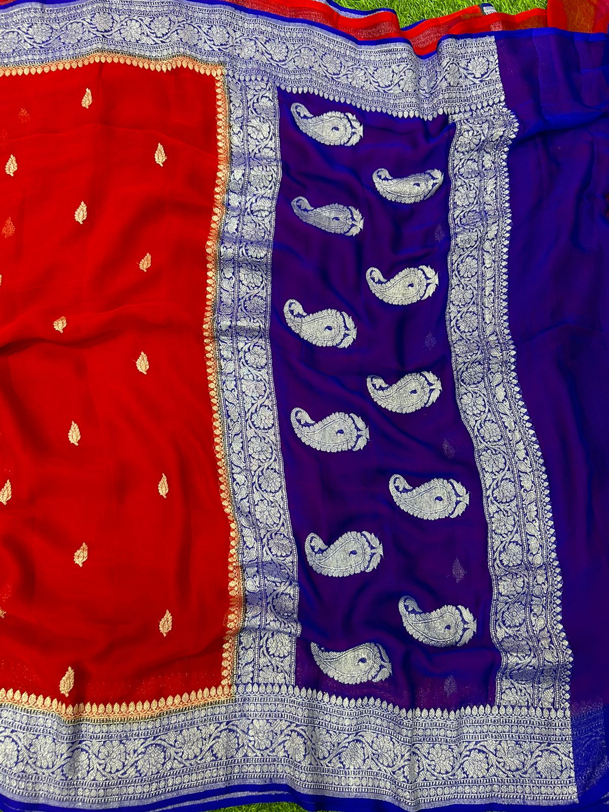 Red purple benaras pure khadi chiffon saree - Image 3