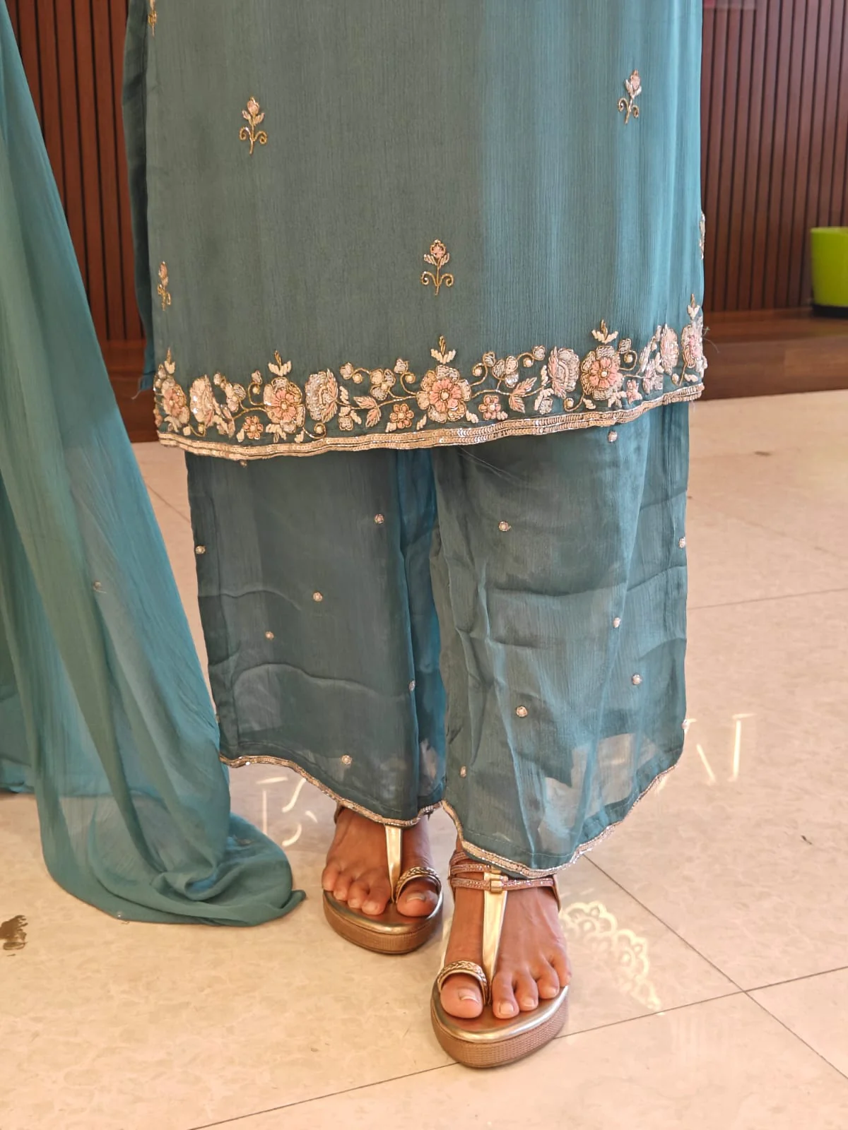 "Boomi" Sea Blue Designer Hand Embroidery Sharara party Kurtha set 301 - Image 4
