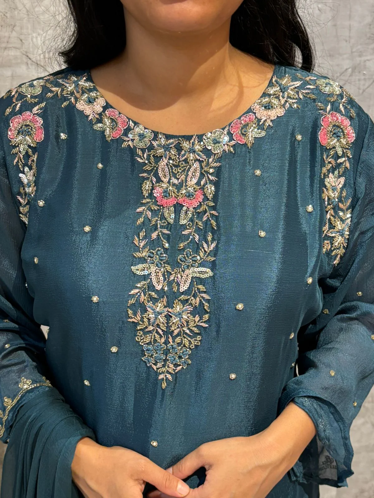 "Boomi" Steal Blue Designer Hand Embroidery Sharara party Kurtha set - Image 3