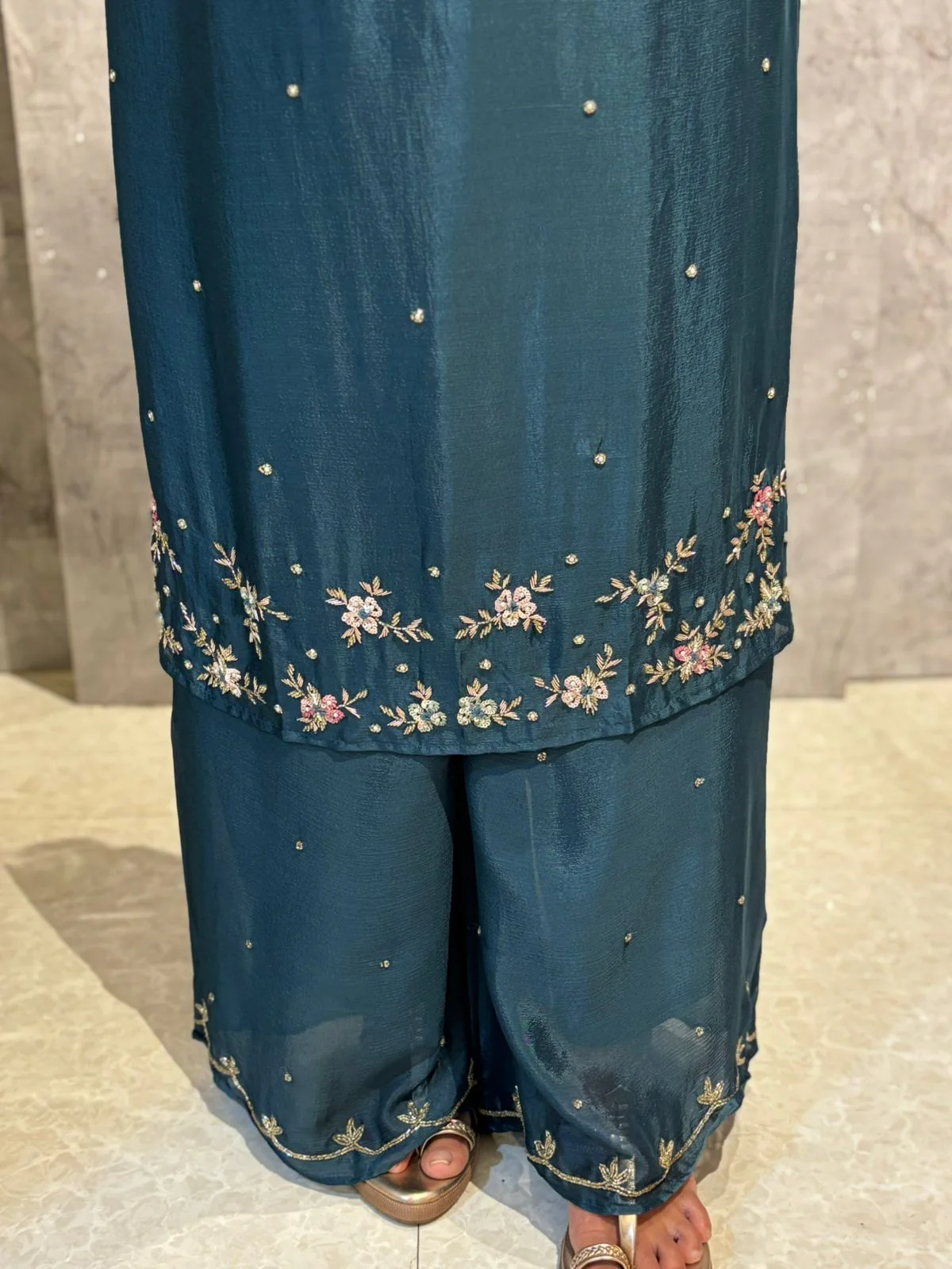 "Boomi" Steal Blue Designer Hand Embroidery Sharara party Kurtha set - Image 4