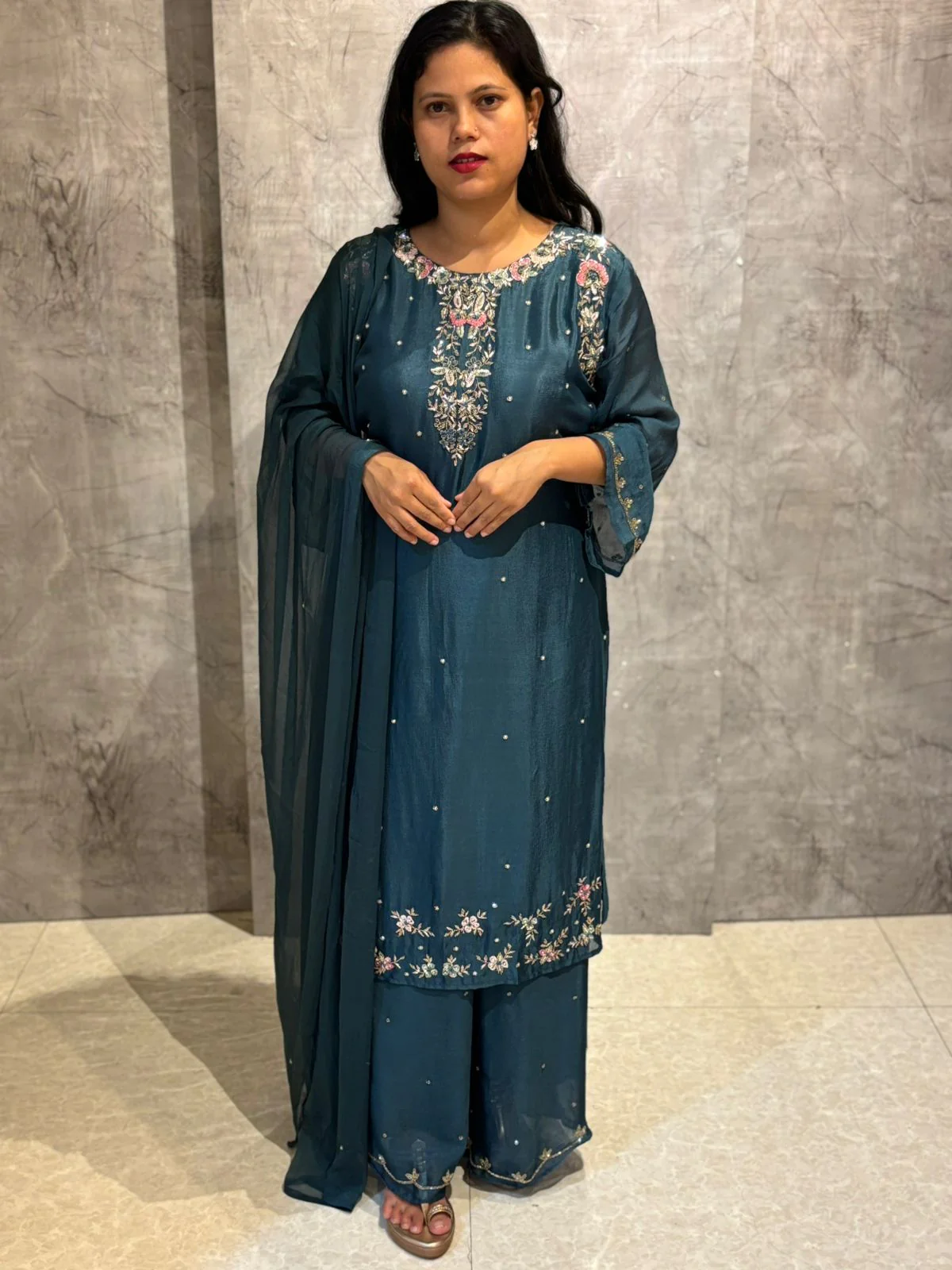 "Boomi" Steal Blue Designer Hand Embroidery Sharara party Kurtha set - Image 5