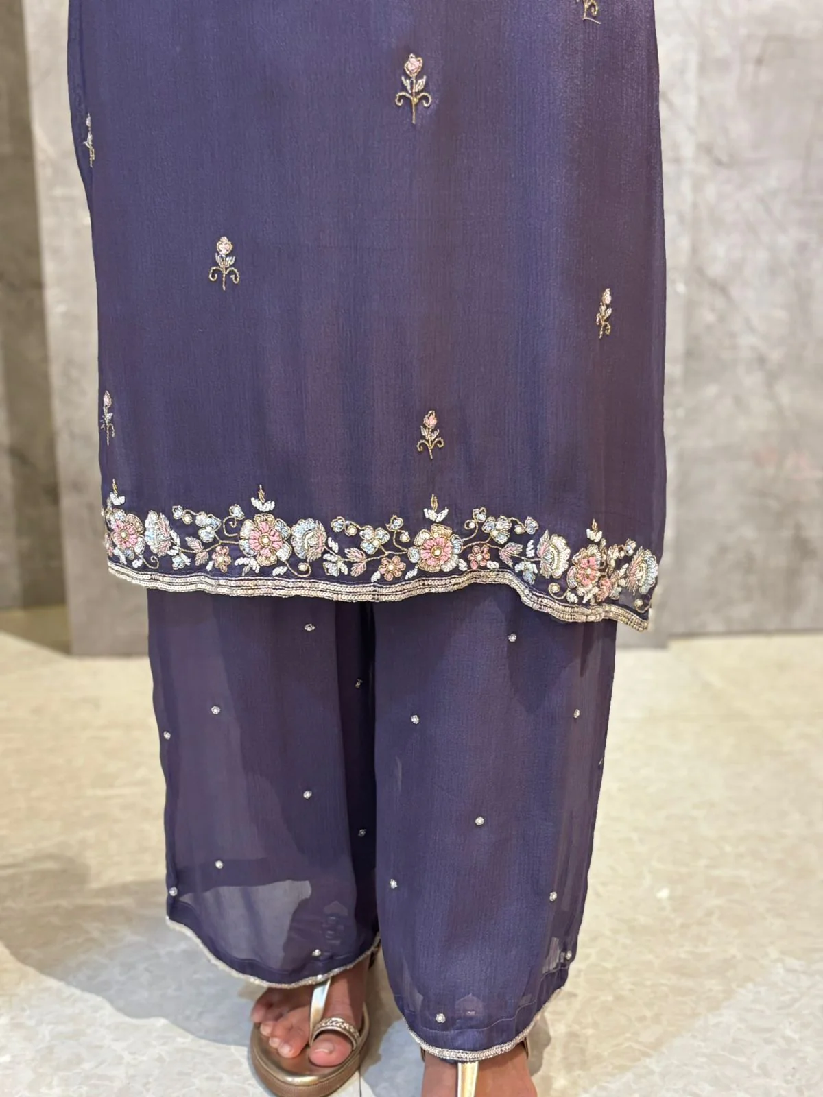 "Boomi" Dark Lavender Designer Hand Embroidery Sharara party Kurtha set - Image 4