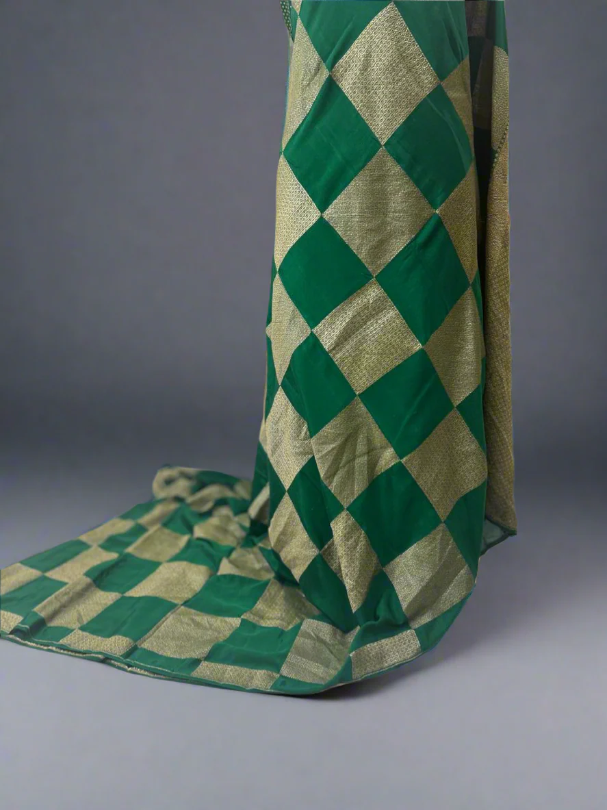 Bottle green big checks-08 pure banaras crepe silk saree - Image 3