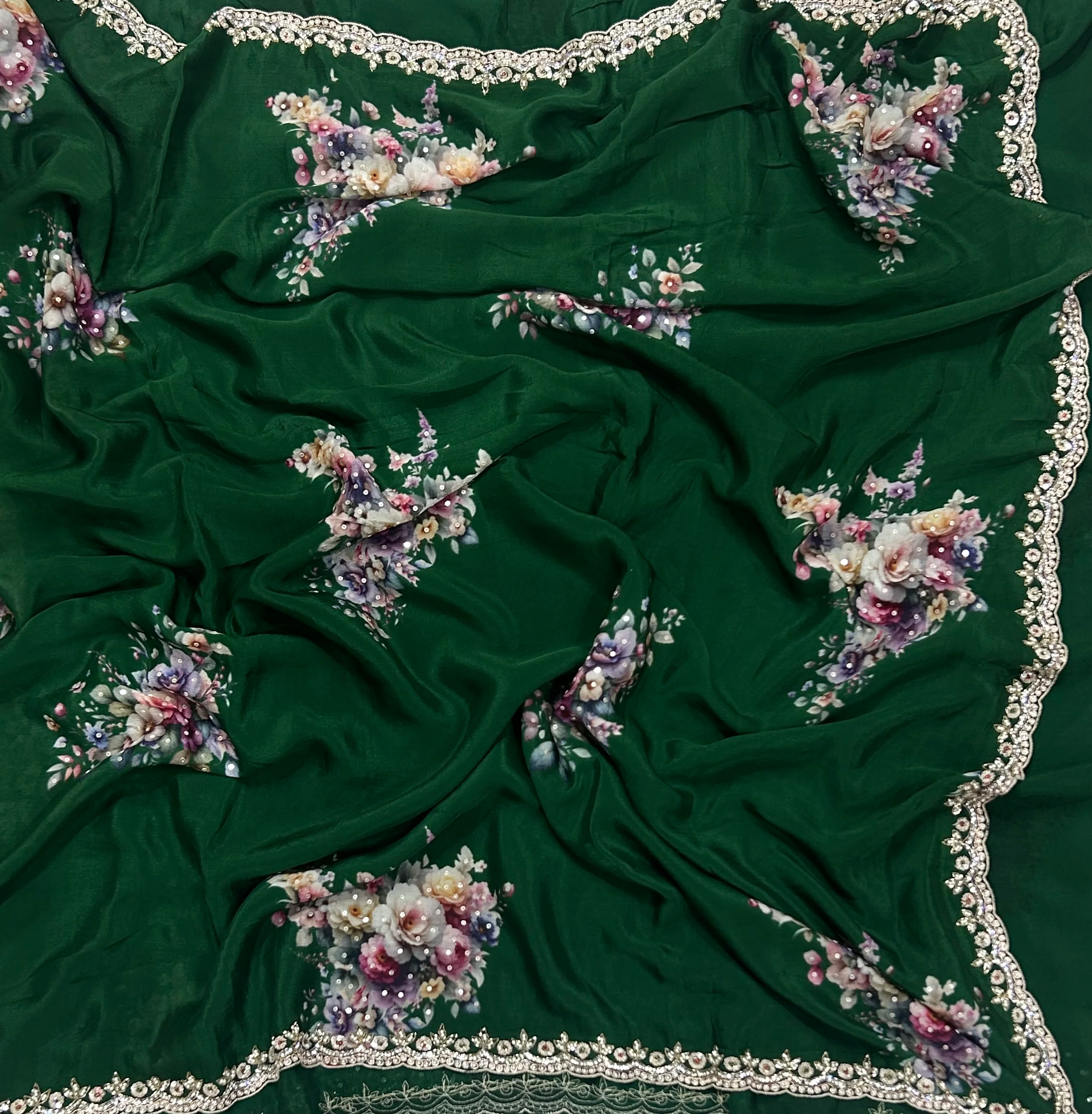Bottle green digital printed crepe 104 party wear saree - Image 2
