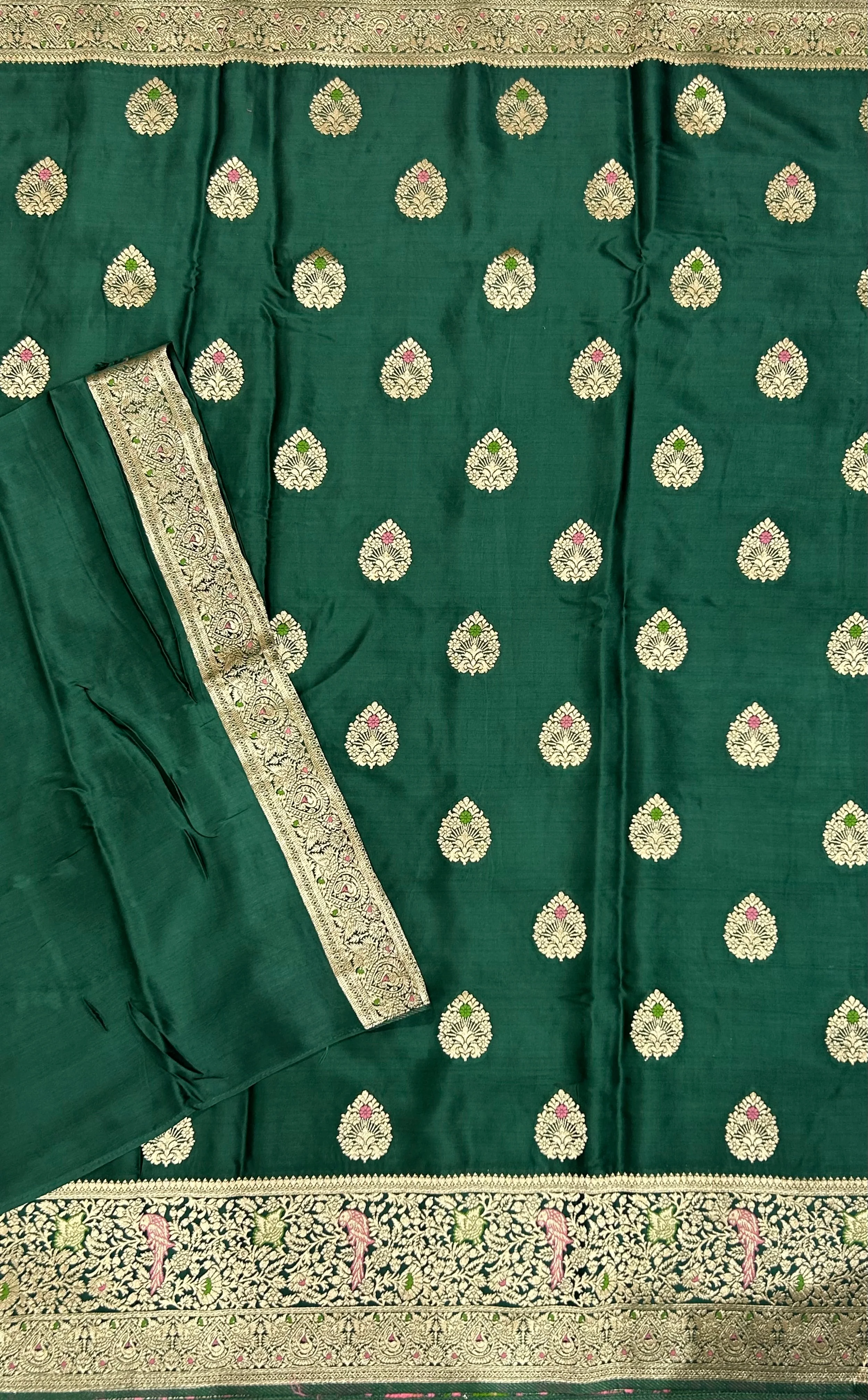 Bottle green Meena satin Benarasi 103 saree - Image 3