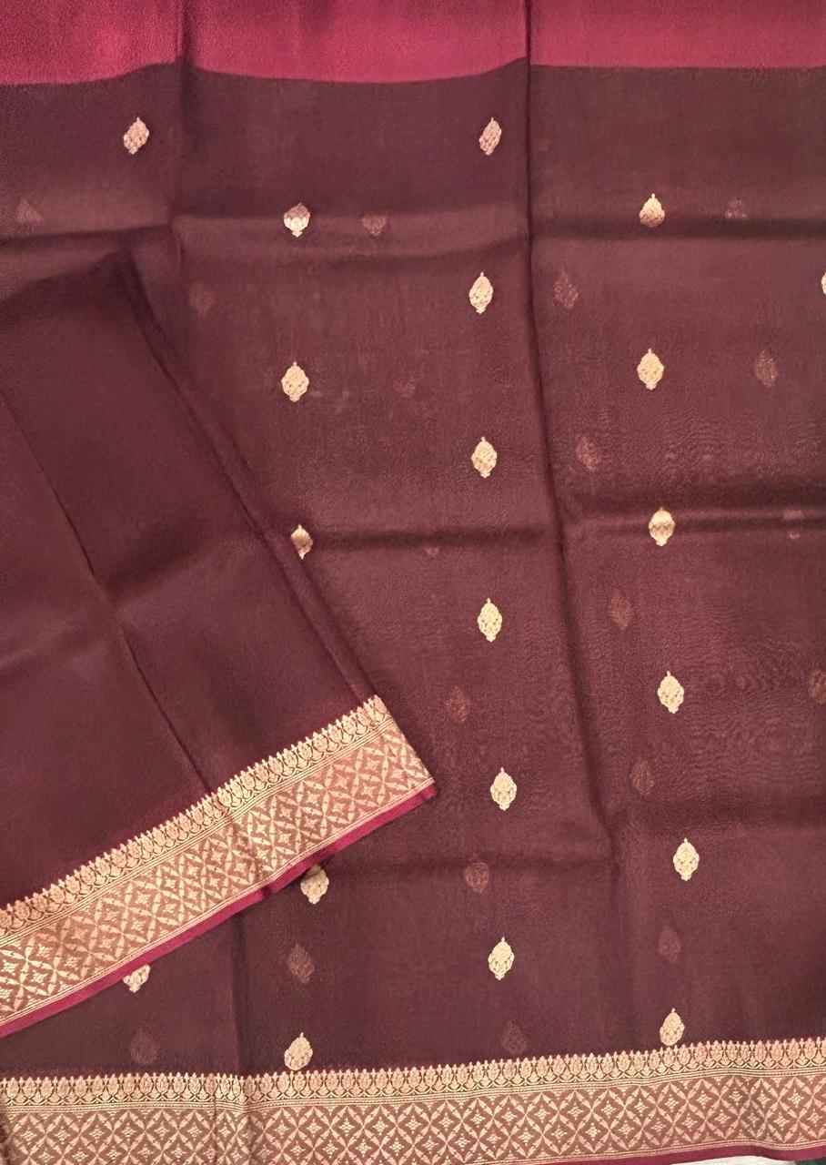 Brown small butta pure kora organza-11 saree - Image 3